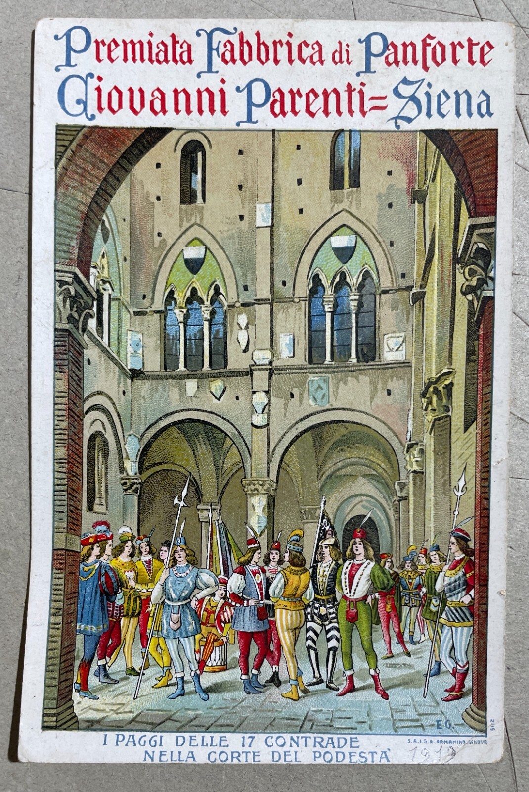 Siena: Antica Cartolina Pubblicitaria Dolciaria   Panforte Parenti   Costumi Delle Contrade