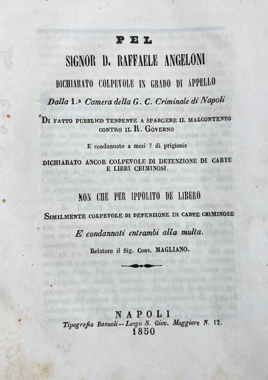 Napoli, Abruzzo, Roccaraso: Giuridica, Risorgimento, Possesso Di Carte Criminose, 1850