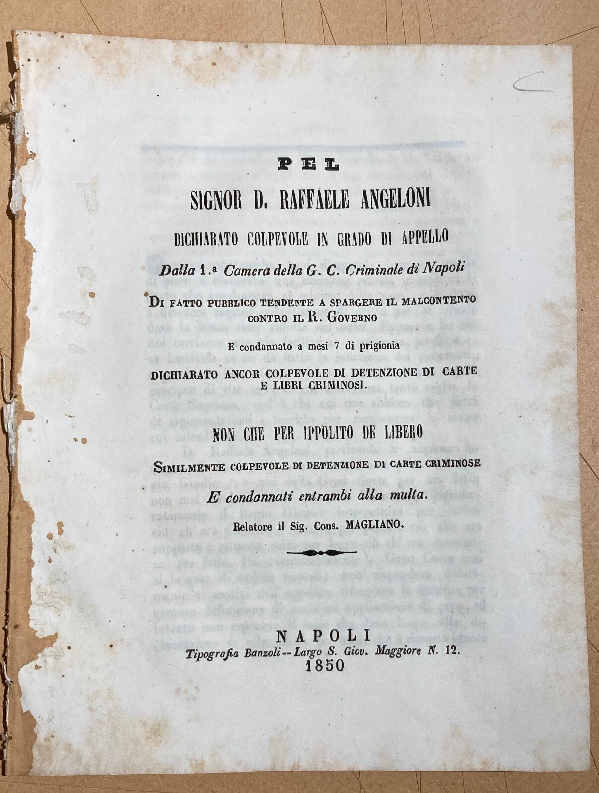 Napoli, Abruzzo, Roccaraso: Giuridica, Risorgimento, Possesso Di Carte Criminose, 1850