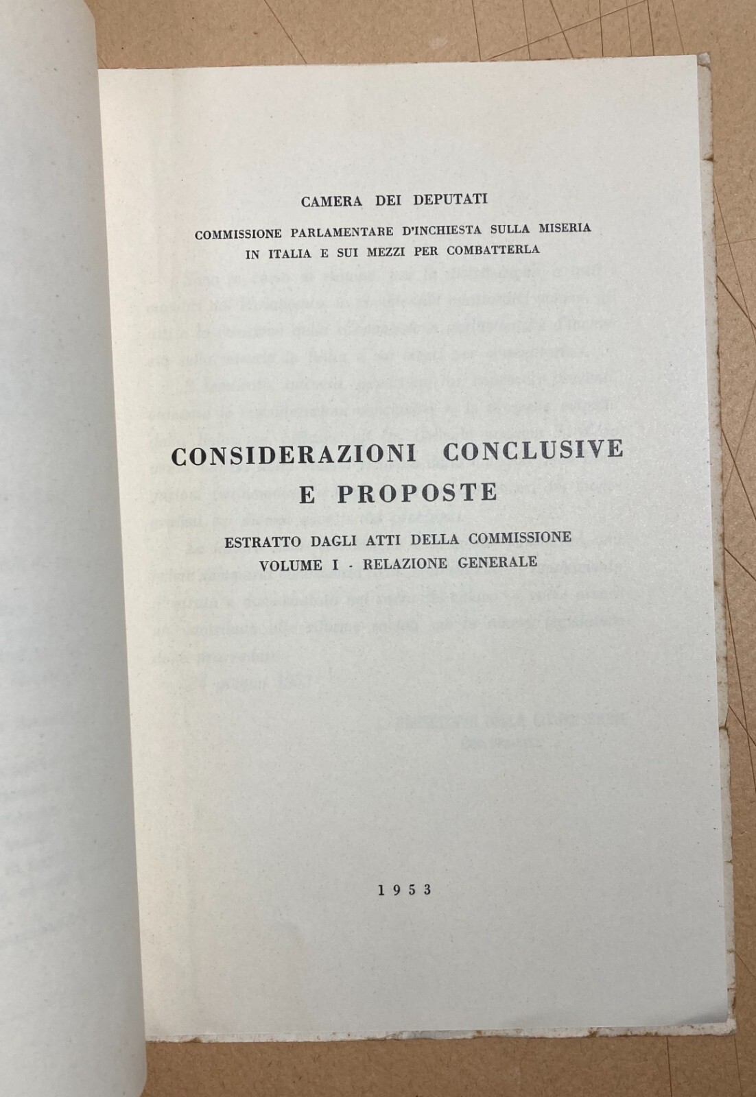 Economia Politica: La Miseria In Italia   Commissione d'Inchiesta   1953   Resoconto
