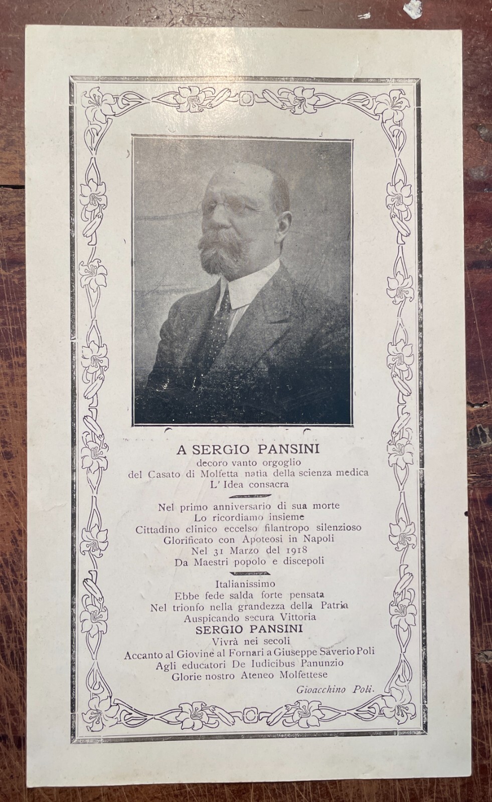 Puglia, Molfetta, Sergio Pansini, Fornari, Poli. Antico Foglio Volante Con Ritratto