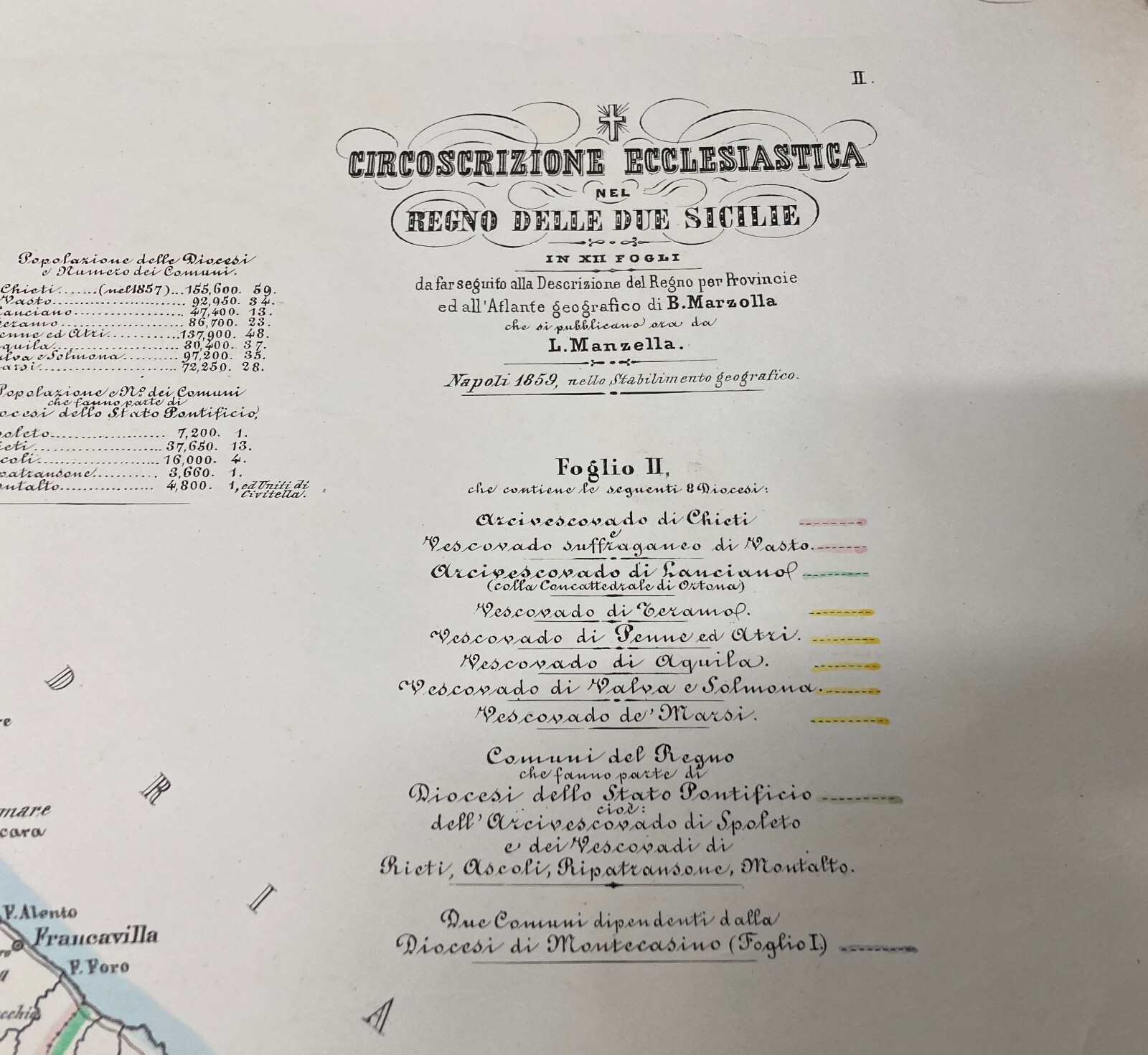 Antica Grande Cartografia Ecclesiastica Marzolla E Manzella: Abruzzo, Molise E Marche, 1859