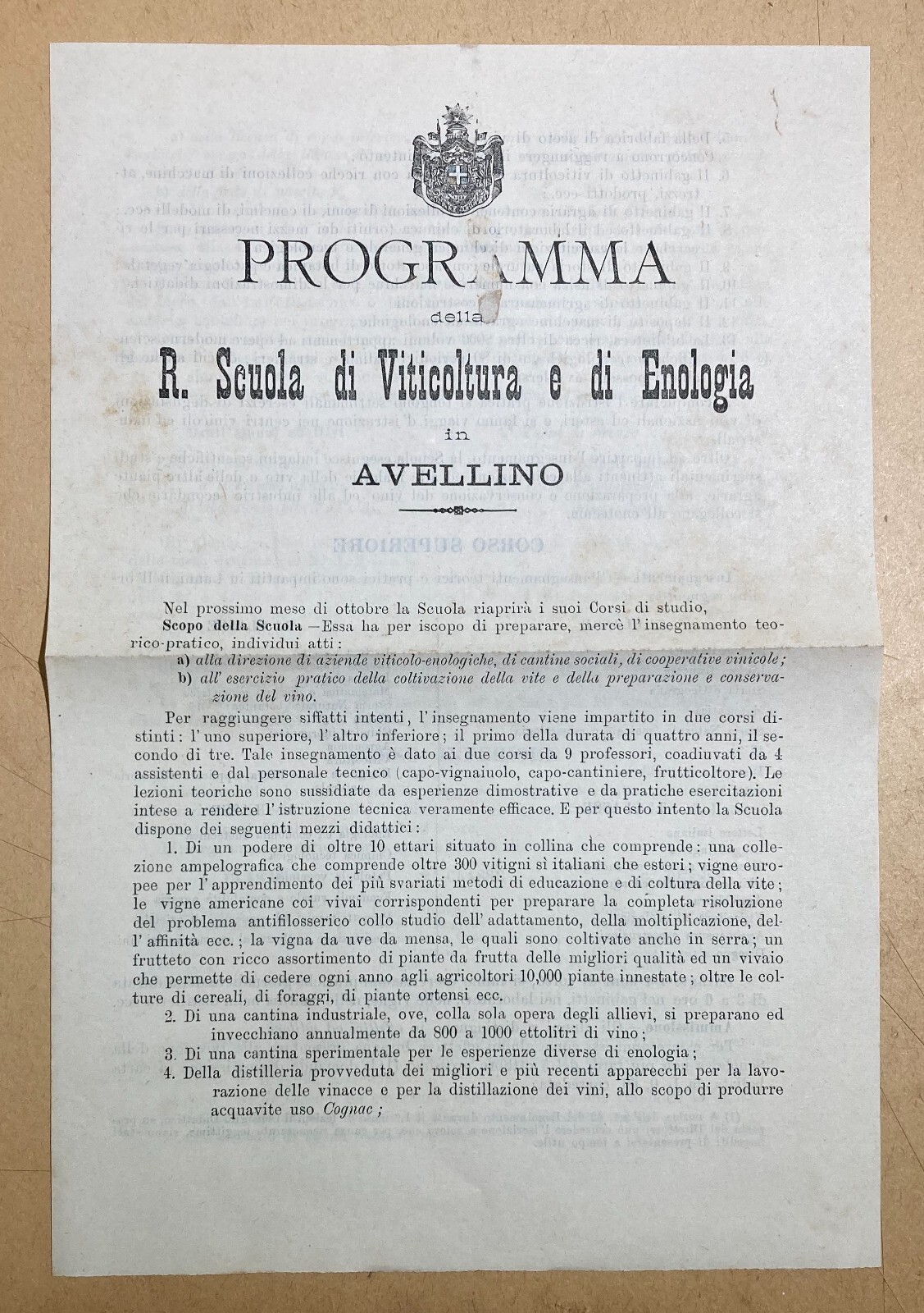 Viticoltura, Enologia, Avellino: Programma Scolastico Antico Pieghevole   1896