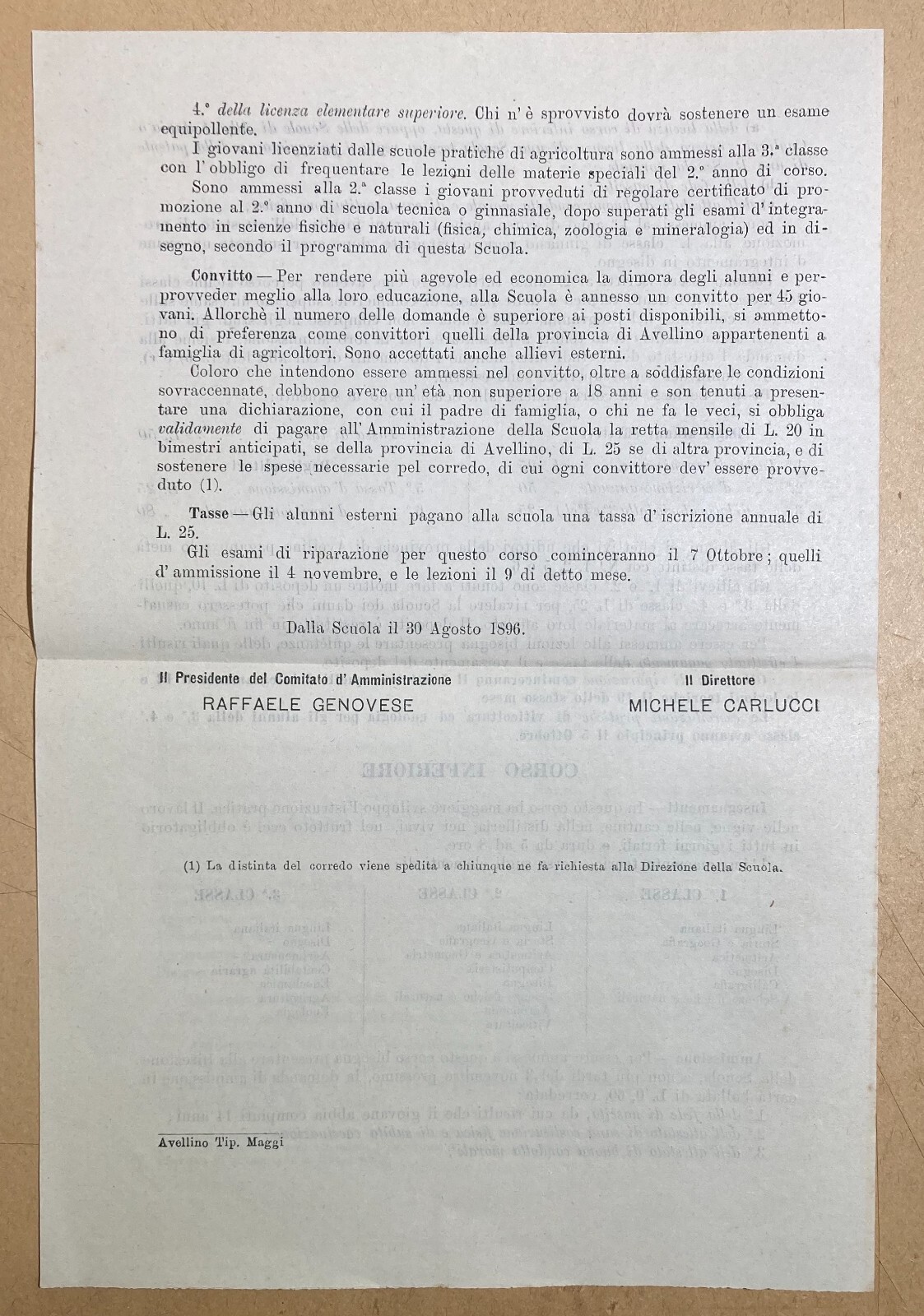 Viticoltura, Enologia, Avellino: Programma Scolastico Antico Pieghevole   1896