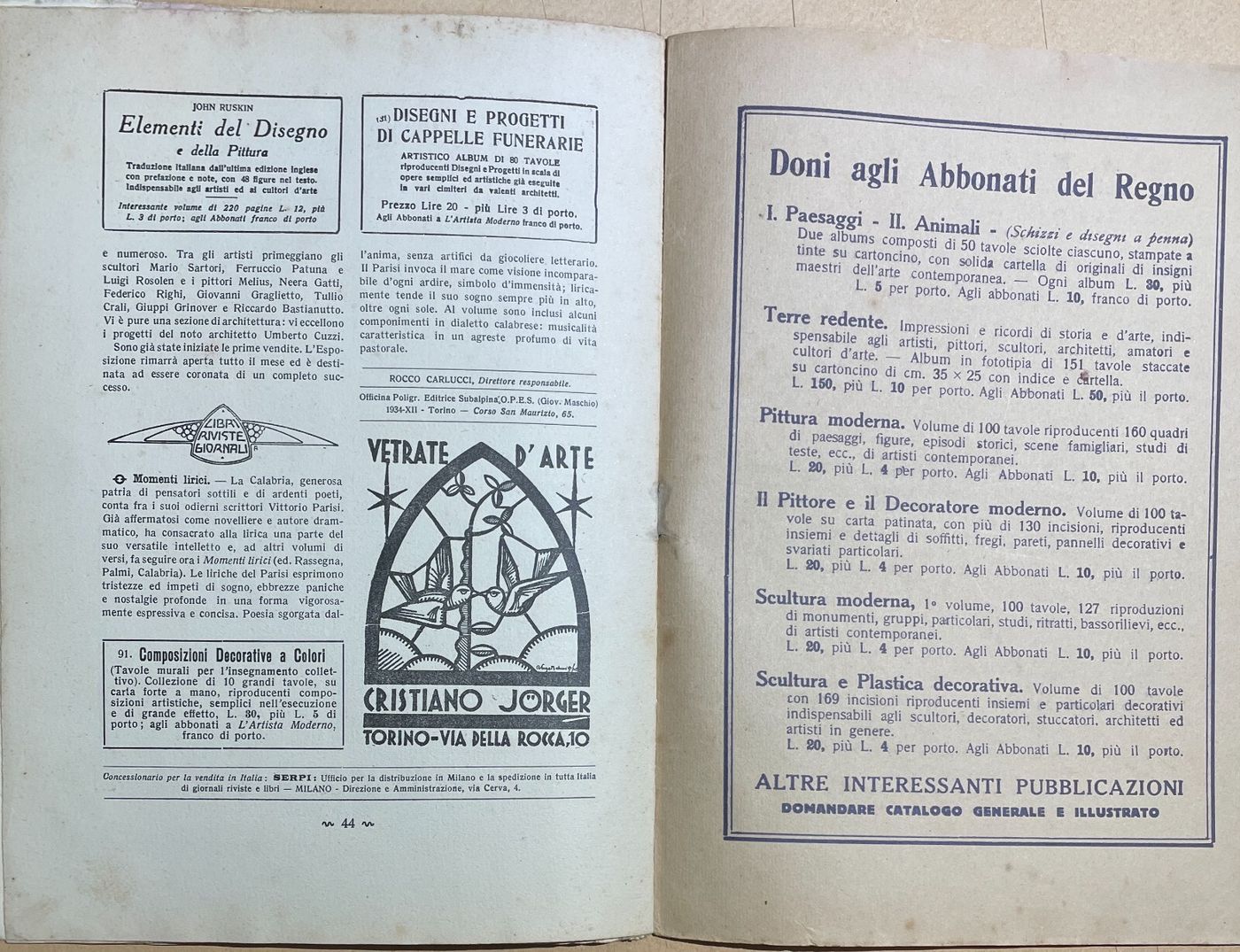 L'Artista Moderno: Rivista d'Arte Pura Ed Applicata, Torino, 25 Gennaio 1934
