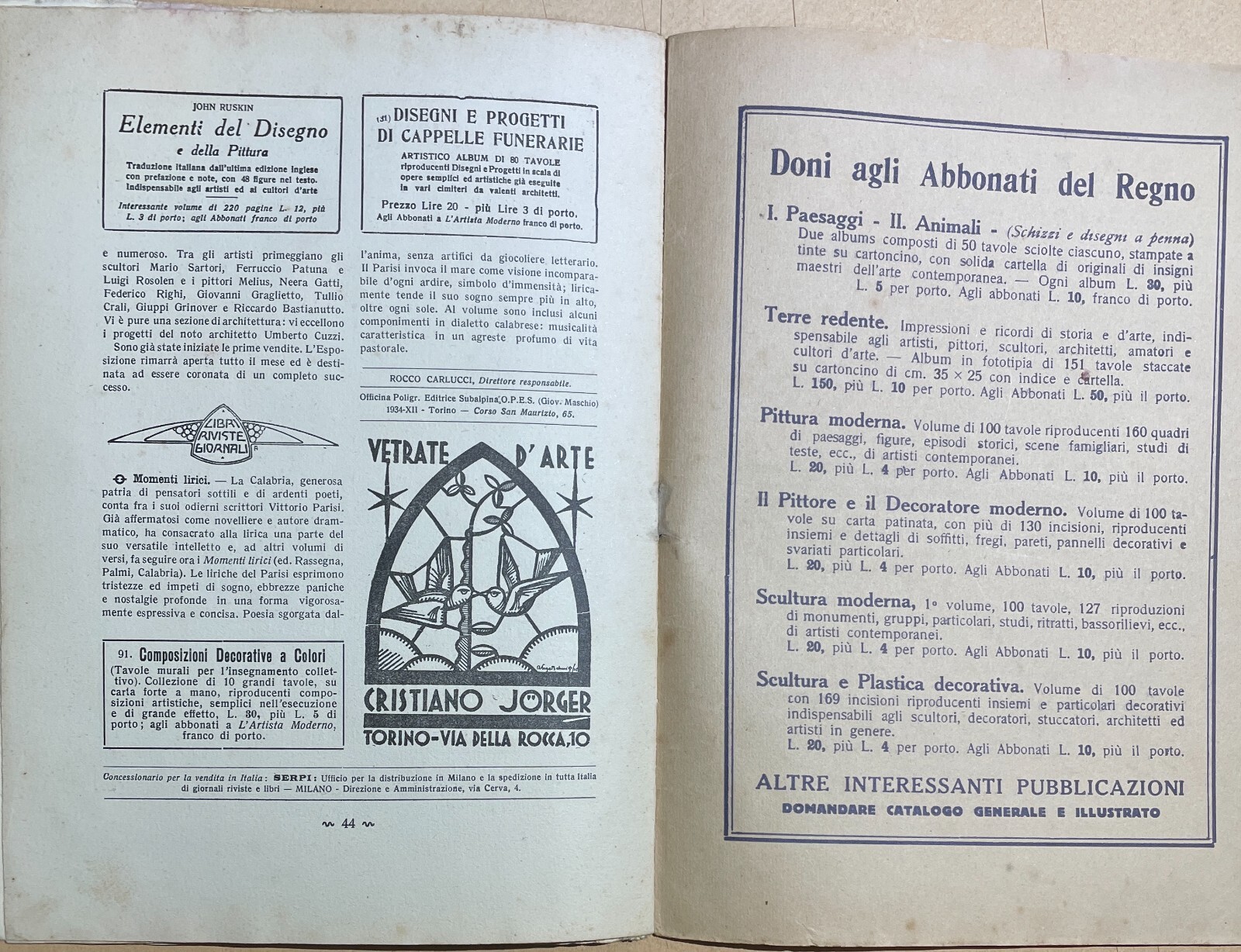 L'Artista Moderno: Rivista d'Arte Pura Ed Applicata, Torino, 25 Gennaio 1934