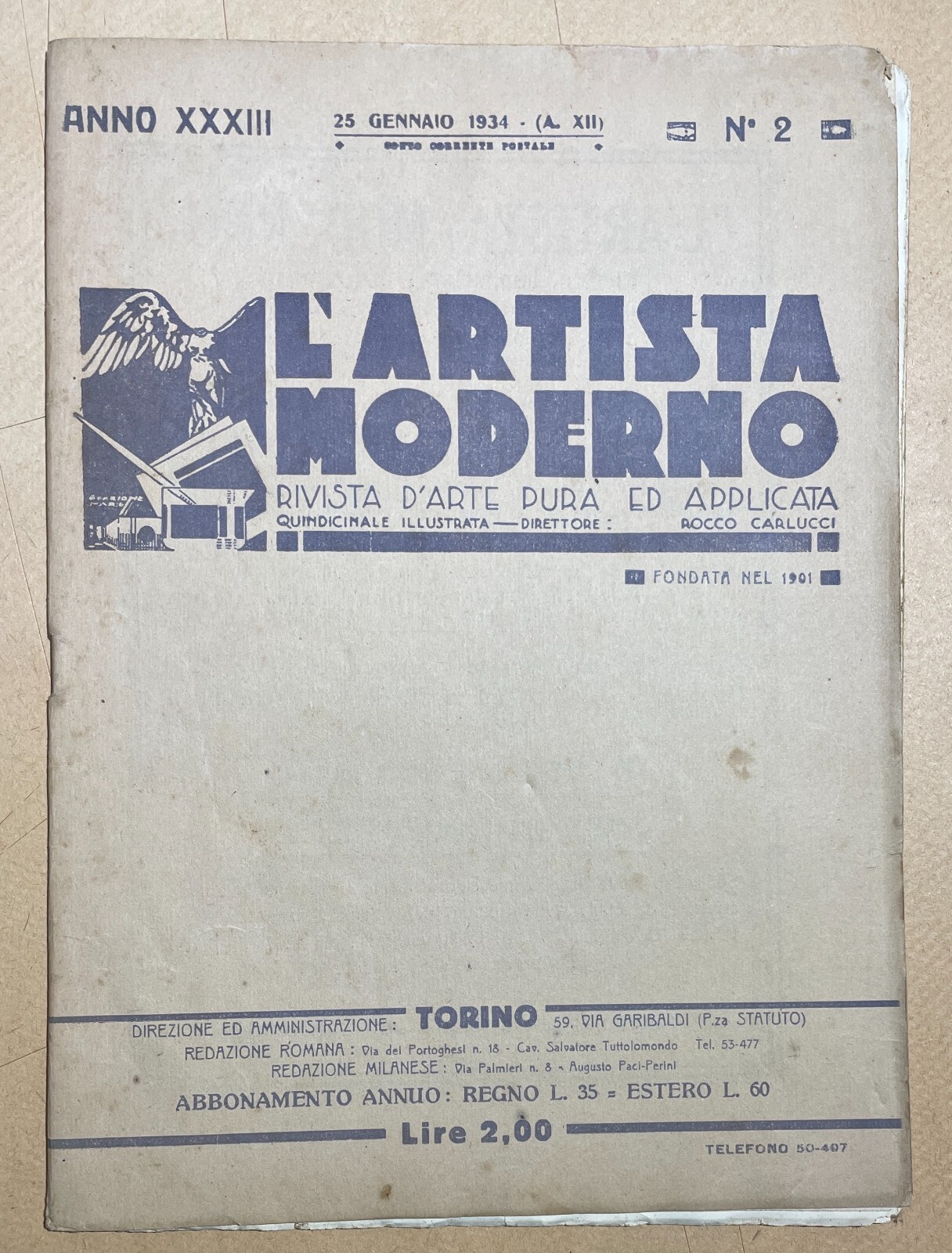 L'Artista Moderno: Rivista d'Arte Pura Ed Applicata, Torino, 25 Gennaio 1934