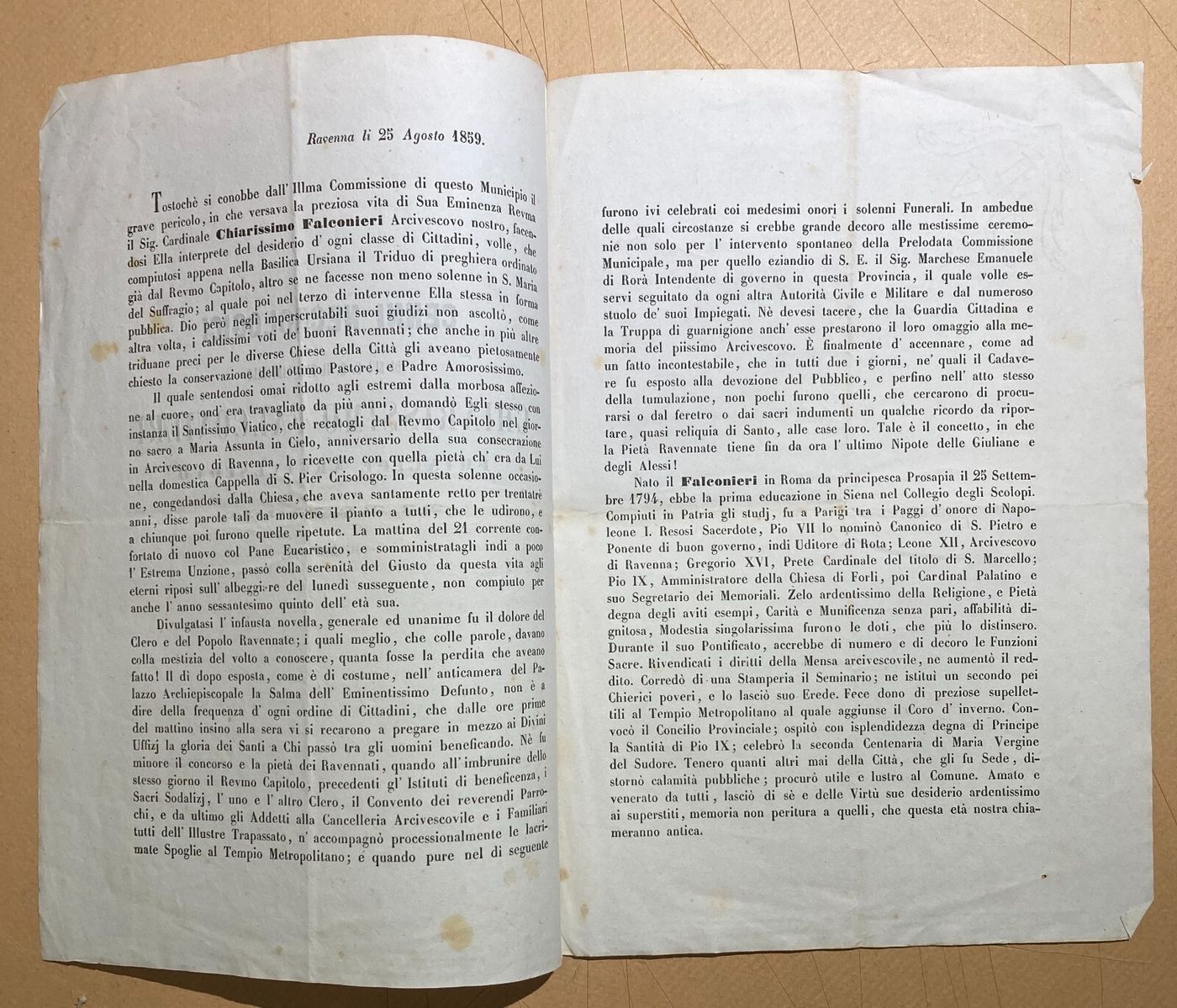 Antico Necrologio Del Principe Cardinale Falconieri, Arcivescovo Di Ravenna, 1859