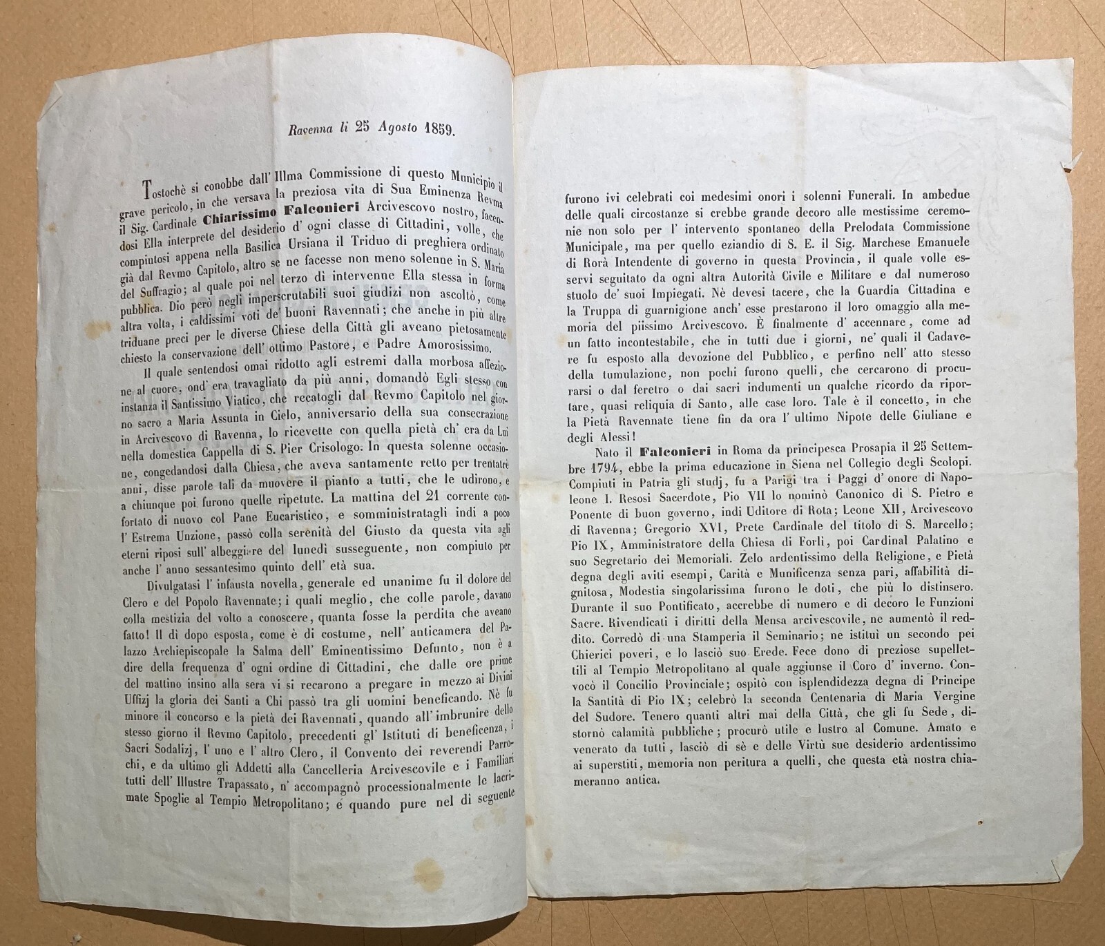 Antico Necrologio Del Principe Cardinale Falconieri, Arcivescovo Di Ravenna, 1859