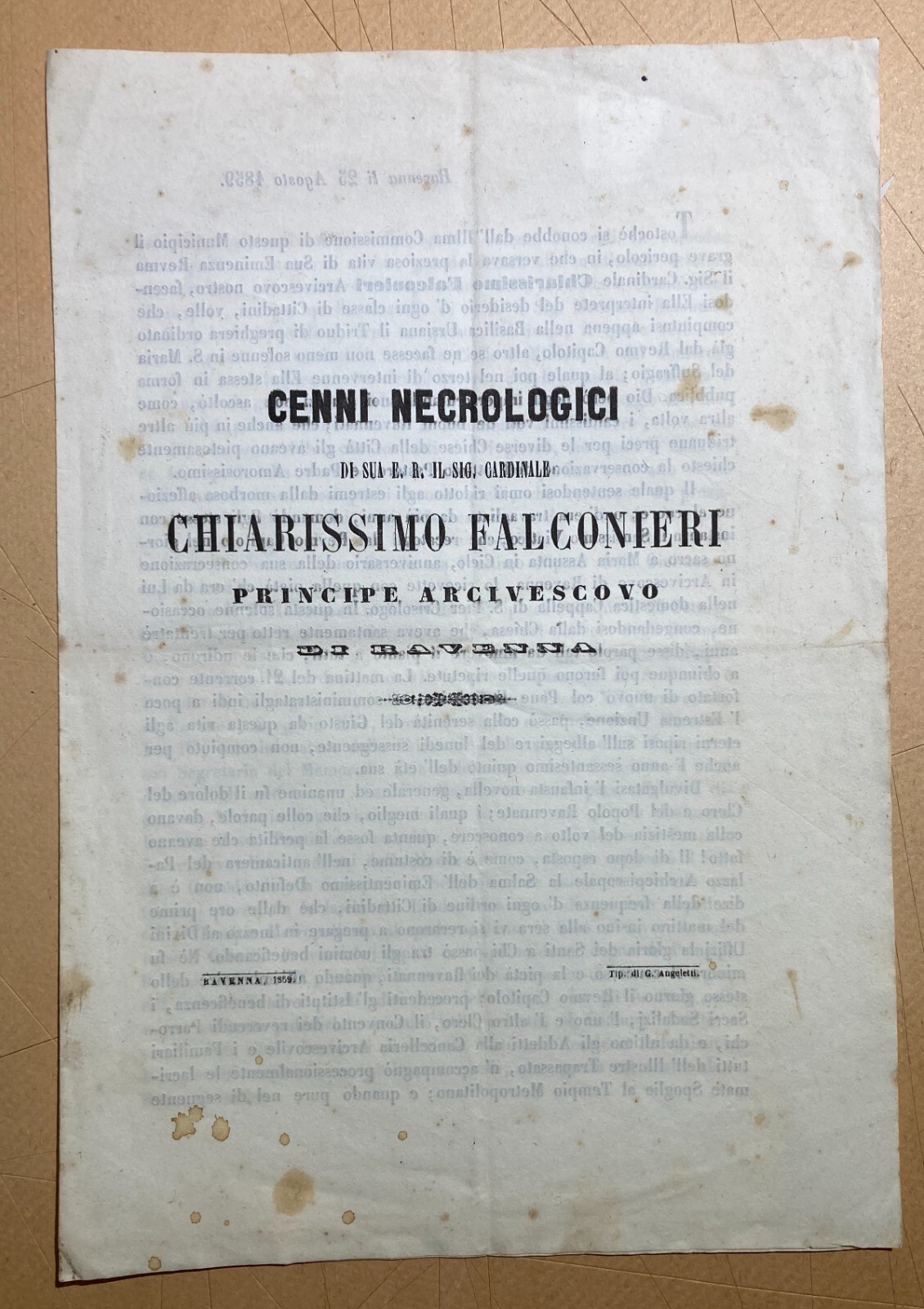 Antico Necrologio Del Principe Cardinale Falconieri, Arcivescovo Di Ravenna, 1859