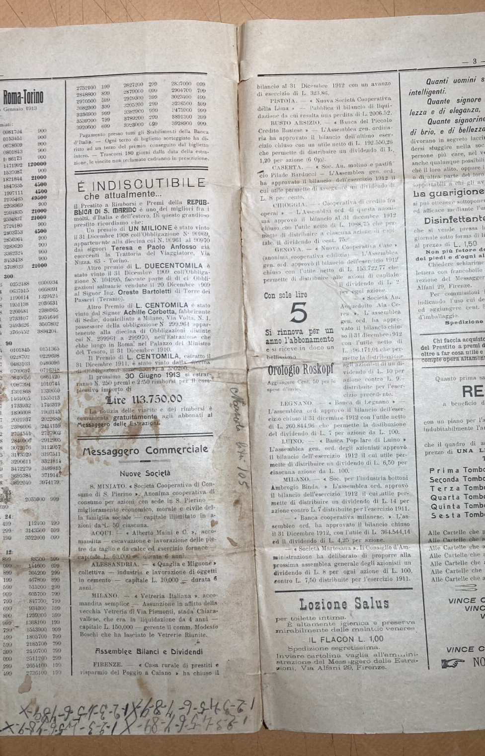 Toscana, Firenze: Economia, Obbligazioni E Prestiti   Giornale Delle Estrazioni d'Epoca (1913)