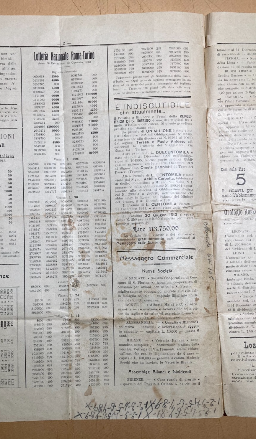 Toscana, Firenze: Economia, Obbligazioni E Prestiti   Giornale Delle Estrazioni d'Epoca (1913)