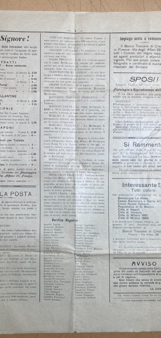Toscana, Firenze: Economia, Obbligazioni E Prestiti   Giornale Delle Estrazioni d'Epoca (1913)