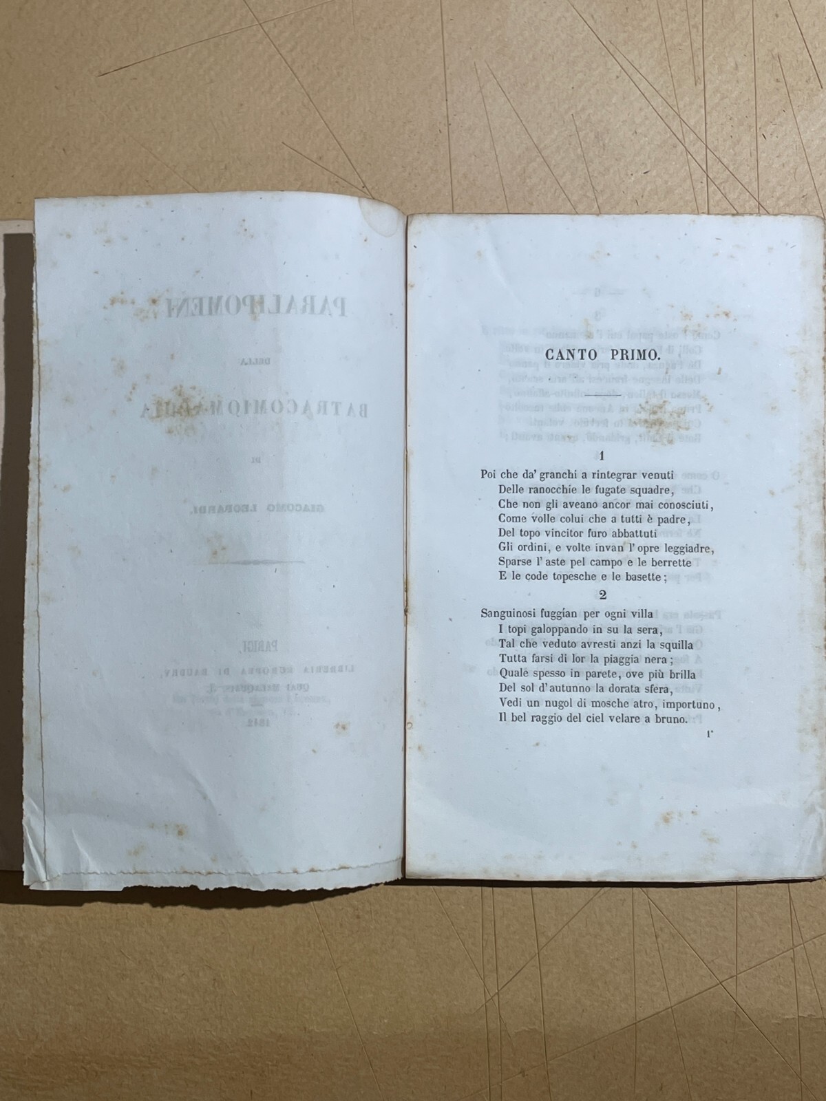 Giacomo Leopardi, Paralipomeni Della Batracomiomachia. Antica Edizione, 1842