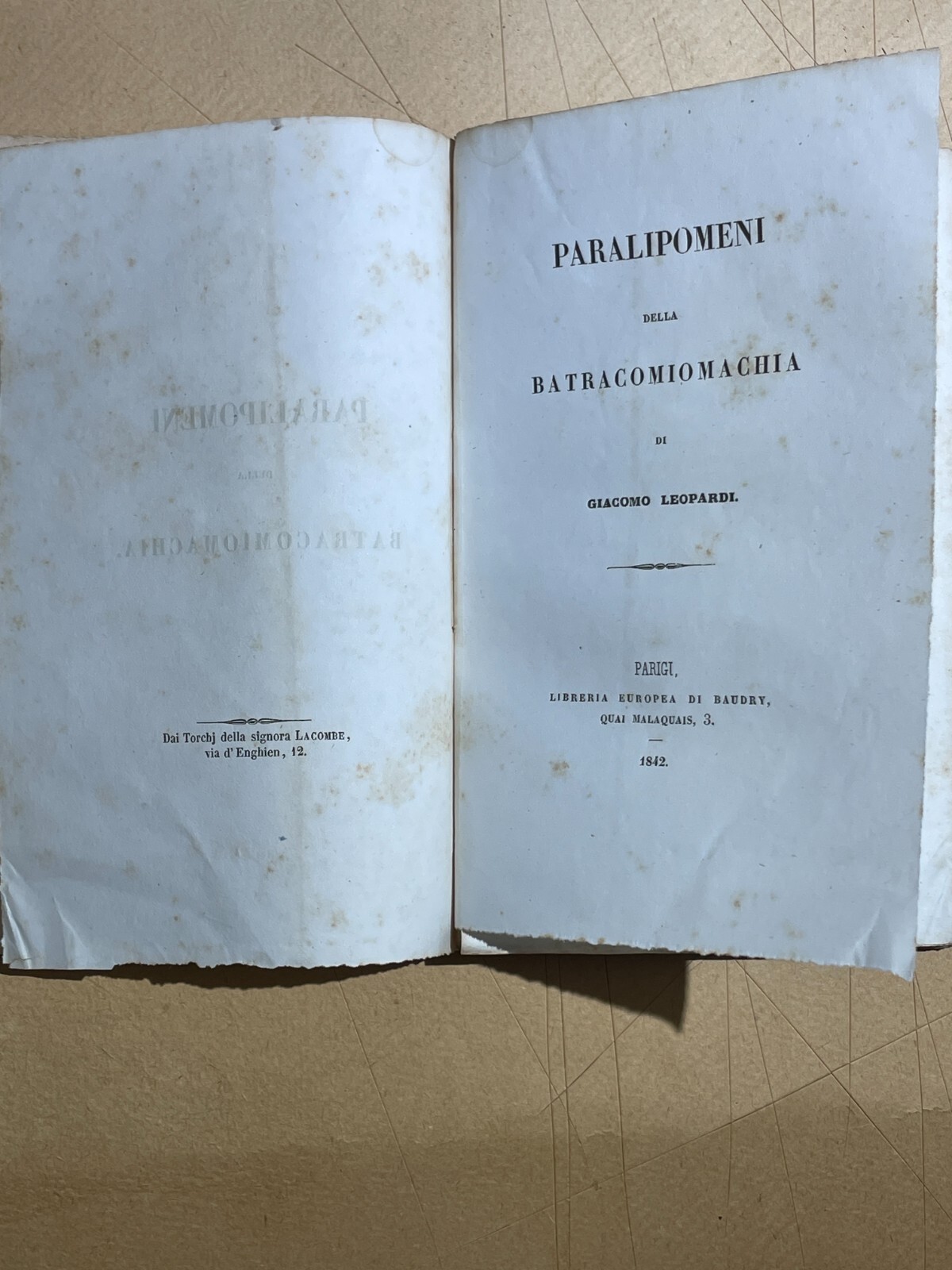 Giacomo Leopardi, Paralipomeni Della Batracomiomachia. Antica Edizione, 1842