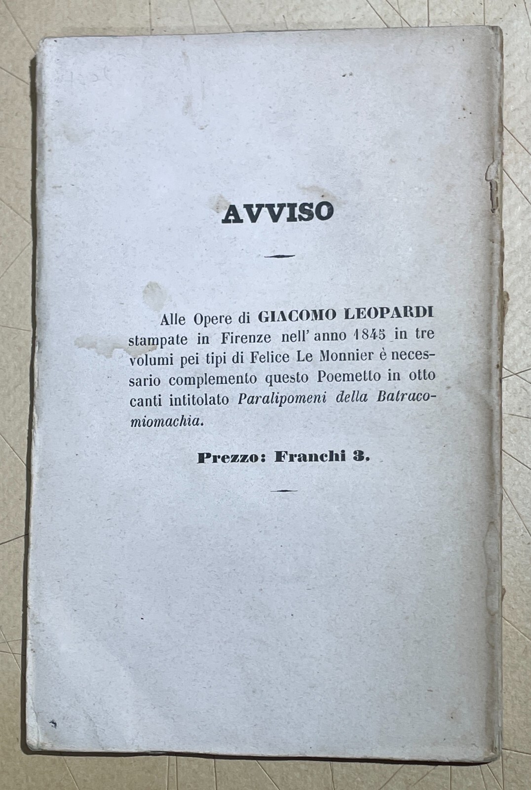 Giacomo Leopardi, Paralipomeni Della Batracomiomachia. Antica Edizione, 1842