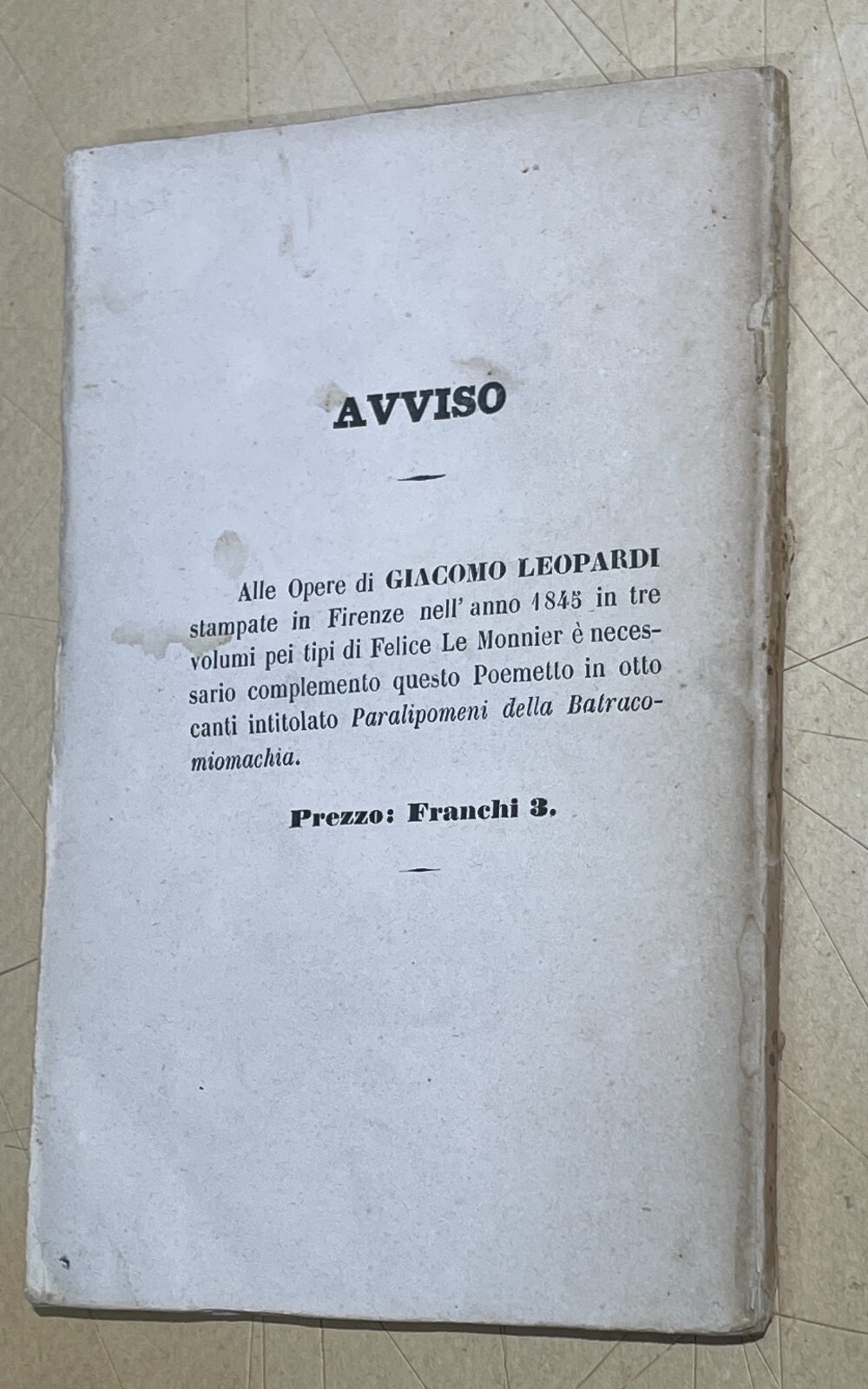 Giacomo Leopardi, Paralipomeni Della Batracomiomachia. Antica Edizione, 1842