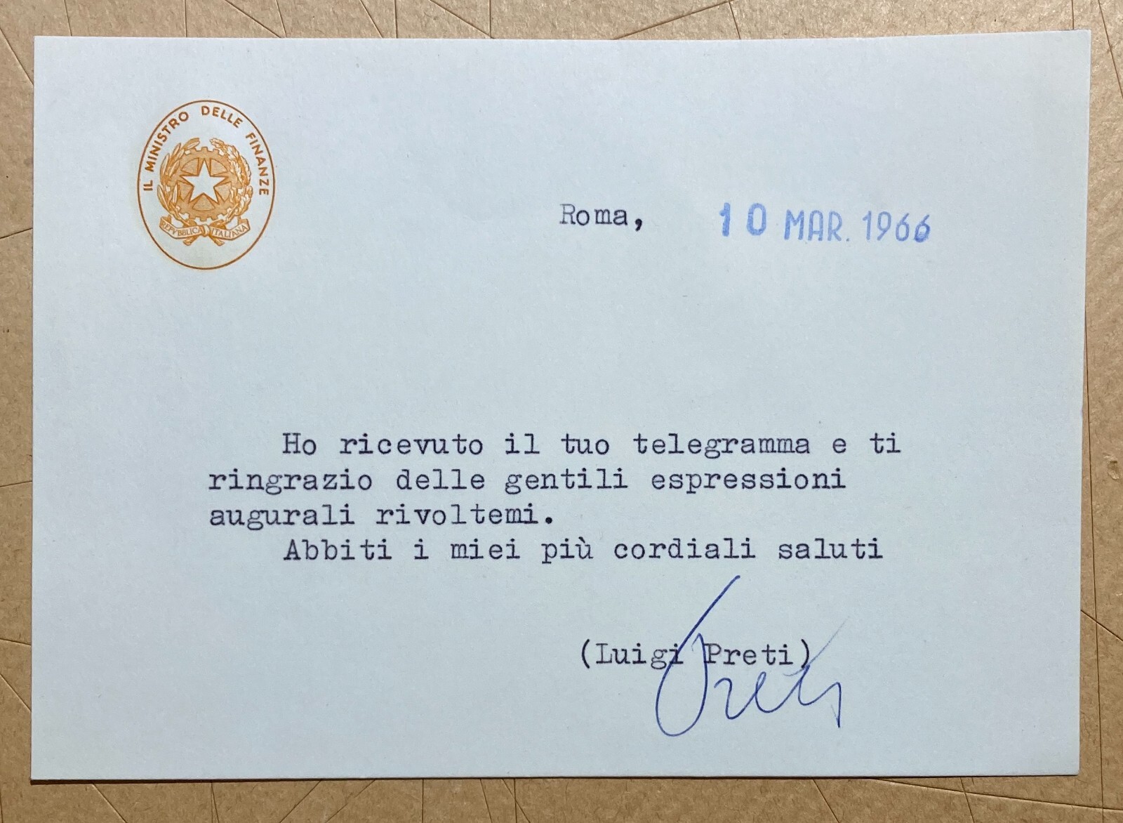 Politica, Collezionismo Cartaceo, Autografi, Ministro Luigi Preti, 1966
