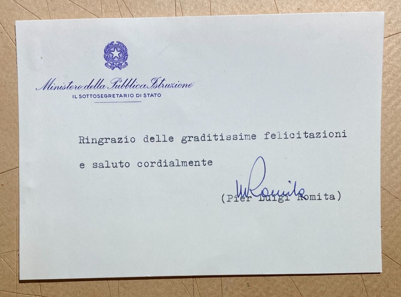 Politica   Collezionismo Cartaceo   Autografi   Pier Luigi Romita   Autografo   Anni '60