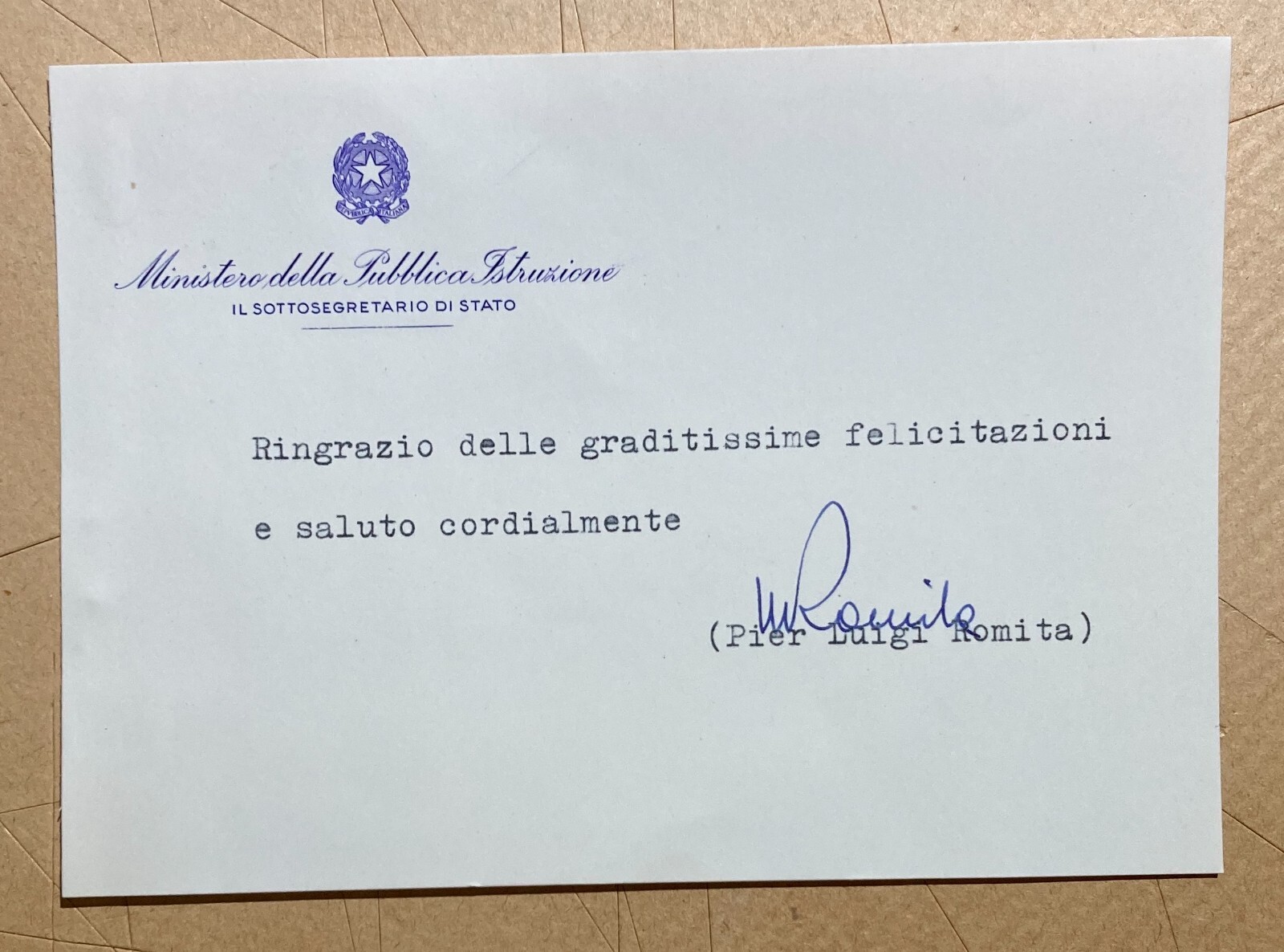 Politica   Collezionismo Cartaceo   Autografi   Pier Luigi Romita   Autografo   Anni '60
