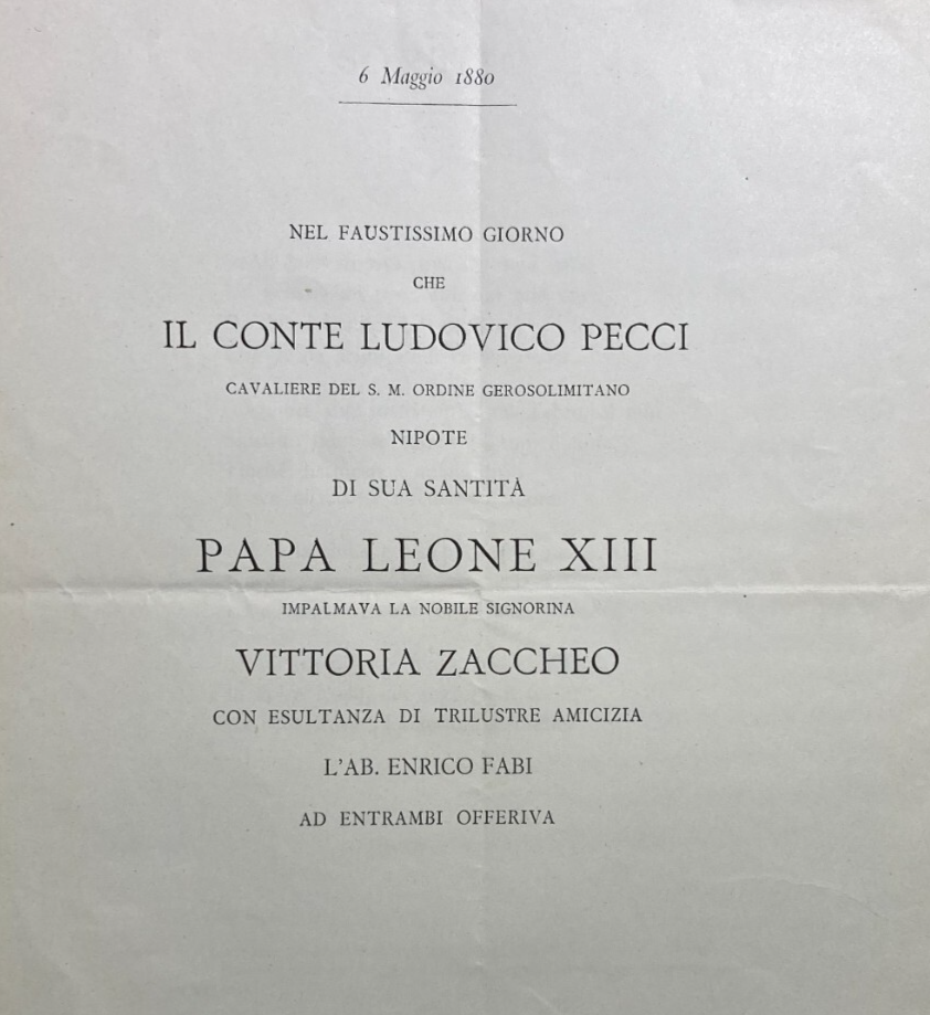 Araldica, Nobiltà, Ordine Gerosolmitano: Nozze Conte Pecci Zaccheo, 1880, Sonetto