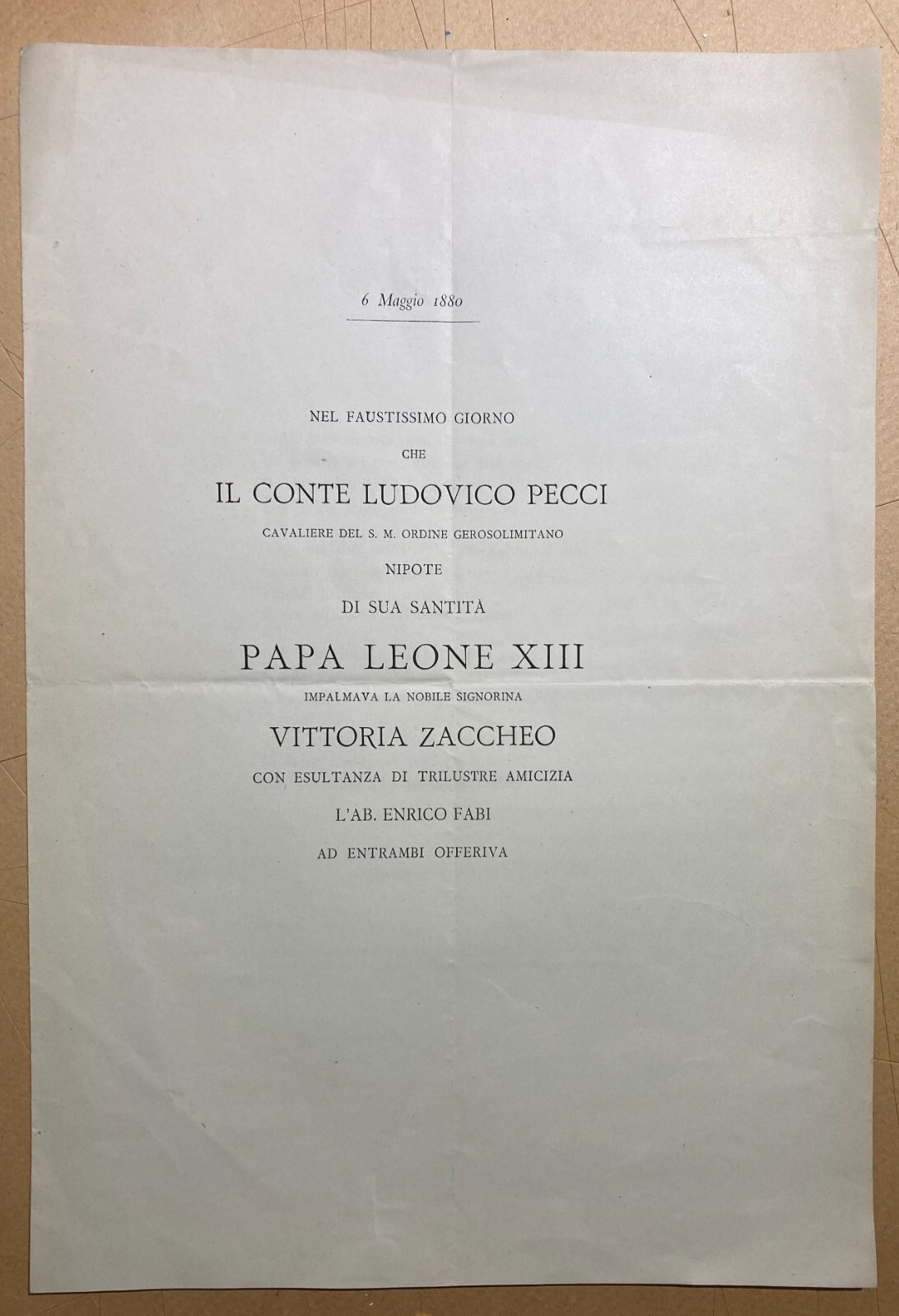 Araldica, Nobiltà, Ordine Gerosolmitano: Nozze Conte Pecci Zaccheo, 1880, Sonetto