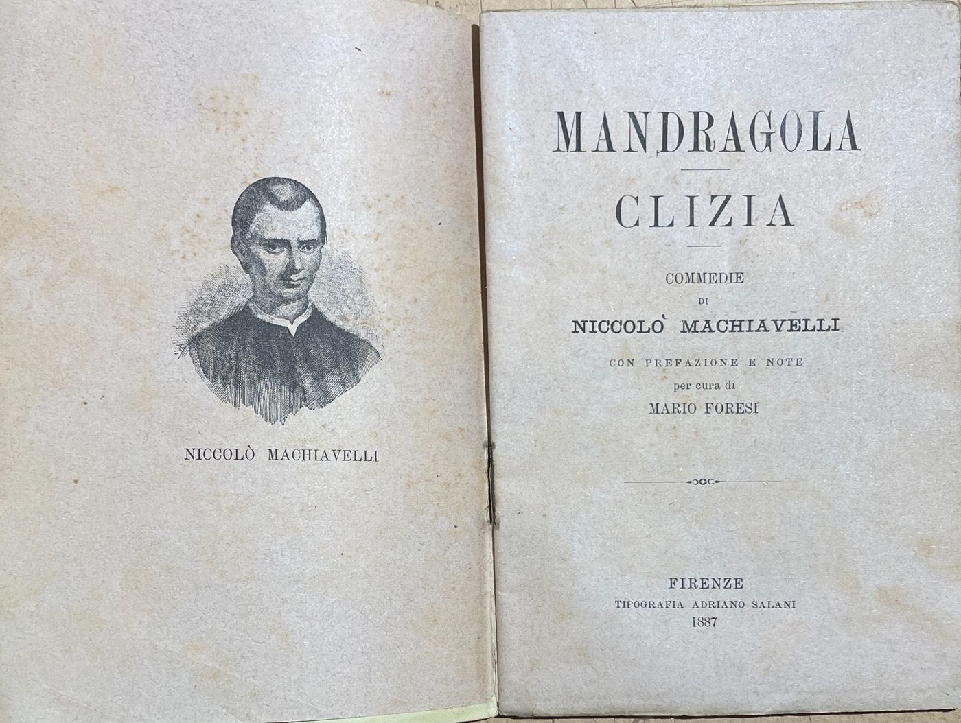 Niccolò Machiavelli: Mandragola E Clizia. Antica Edizione Salani (1887) Su Carta Rosata