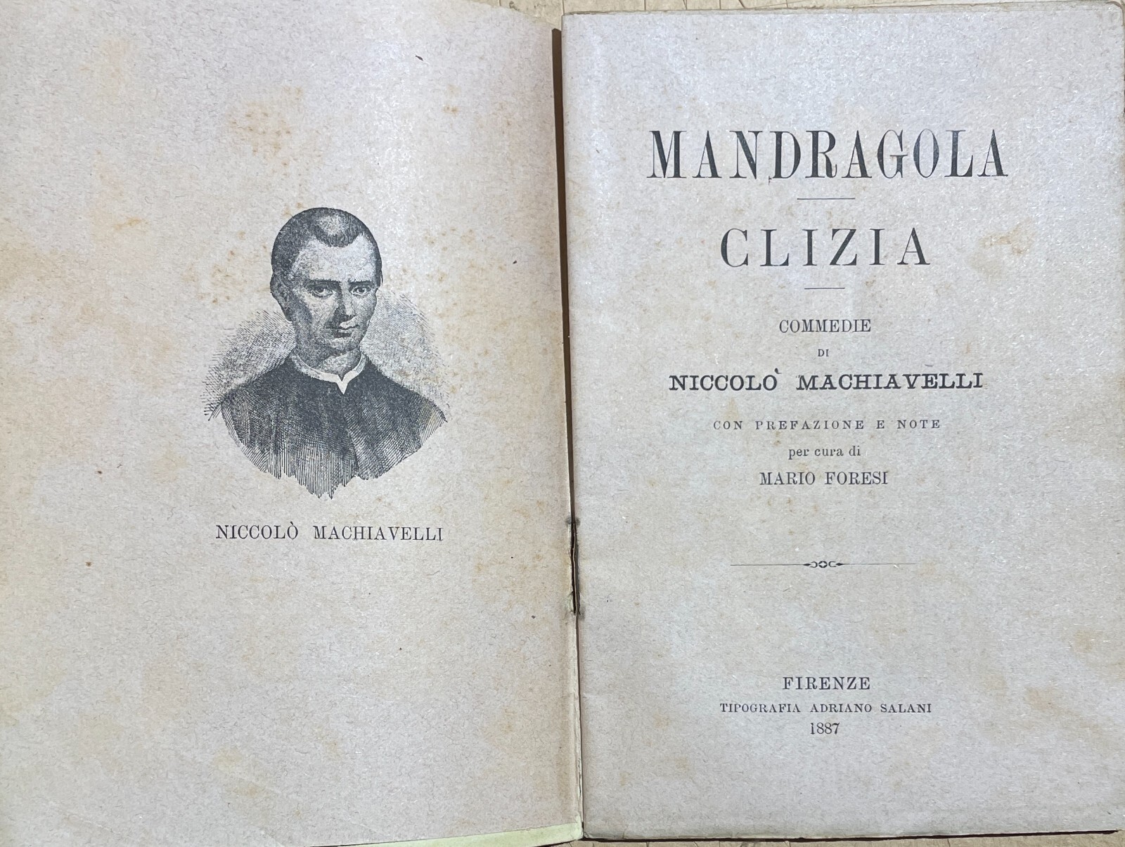 Niccolò Machiavelli: Mandragola E Clizia. Antica Edizione Salani (1887) Su Carta Rosata