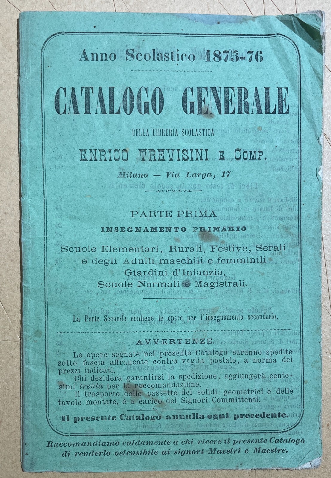 Catalogo Editoriale Libreria Scolastica Enrico Trevisini, Milano, 1875 76