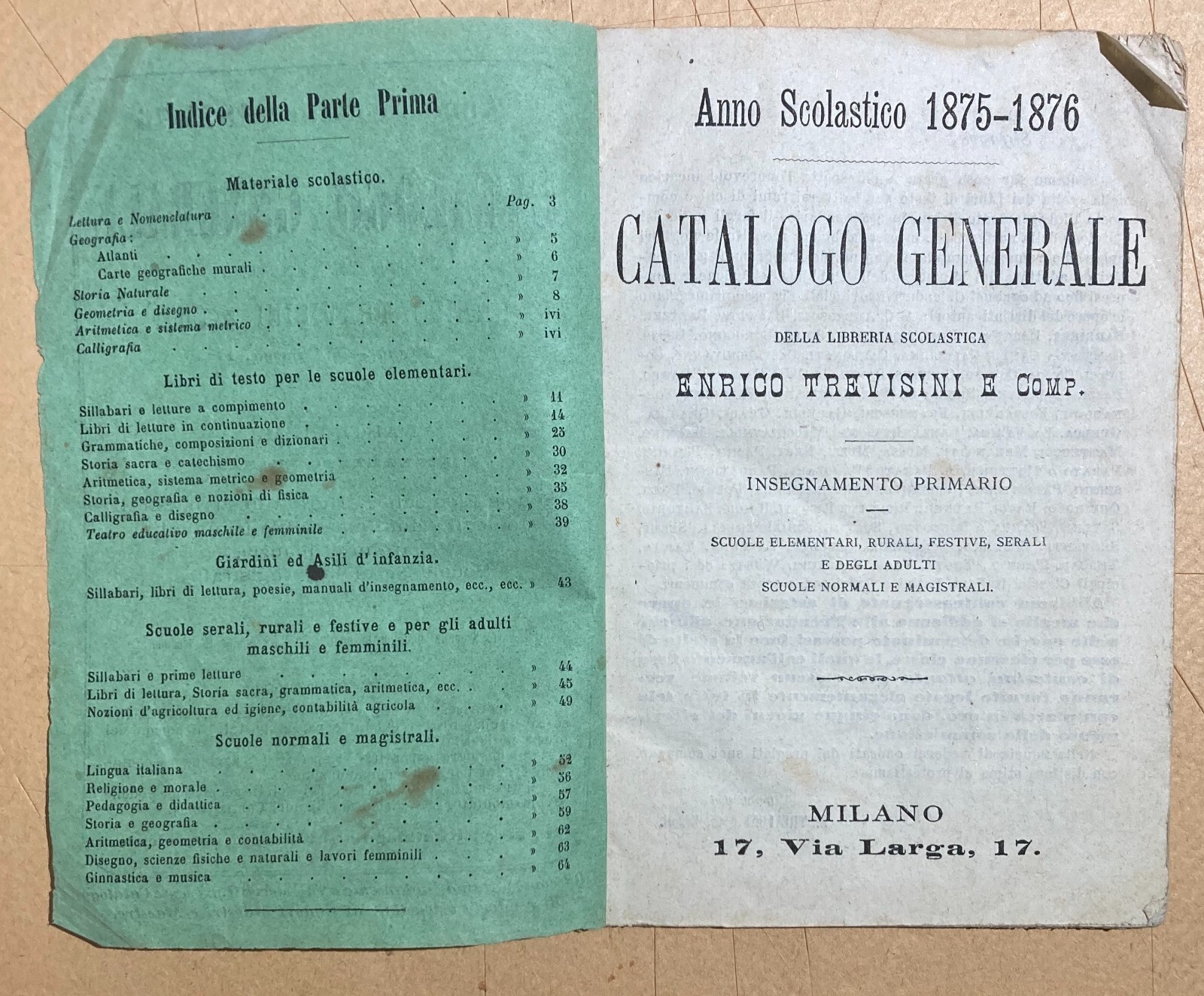 Catalogo Editoriale Libreria Scolastica Enrico Trevisini, Milano, 1875 76