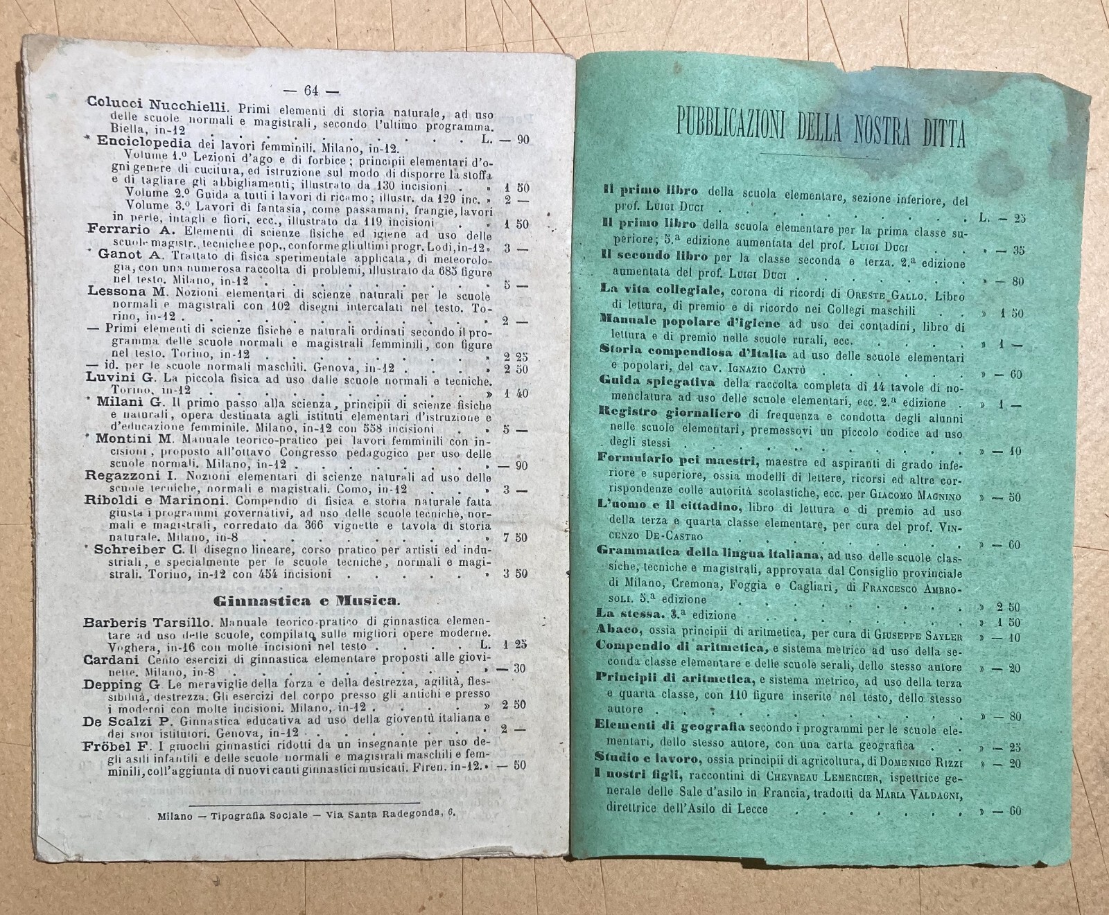 Catalogo Editoriale Libreria Scolastica Enrico Trevisini, Milano, 1875 76