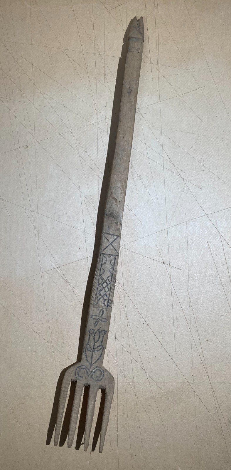 Folklore   Artigianato Popolare Del Legno   Forchettone Con Decori Incisi d'Epoca