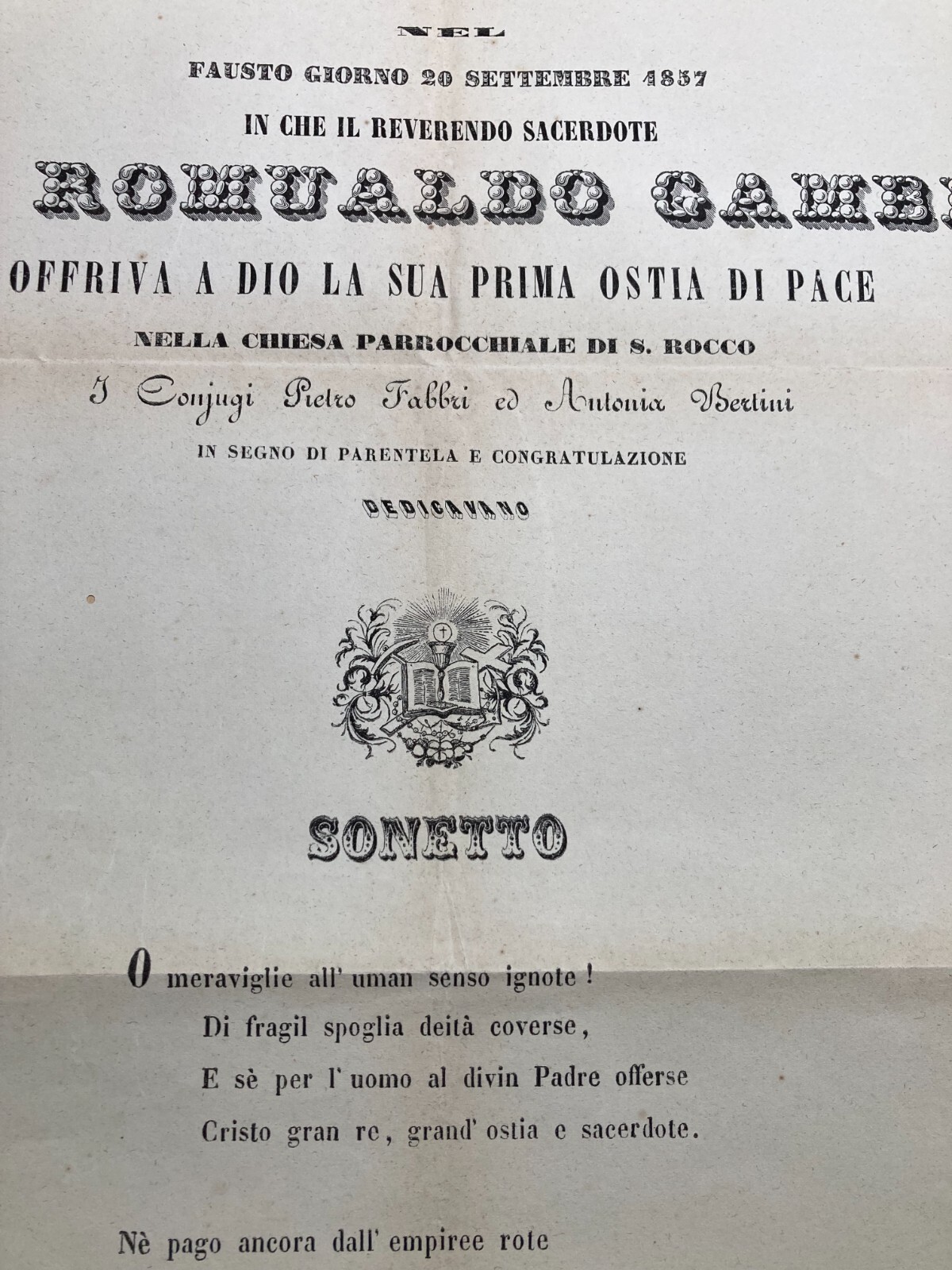 Novello Sacerdozio: Antico Foglio Volante Per Romualdo Gambi, Fabbri E Bertini (Romagna)