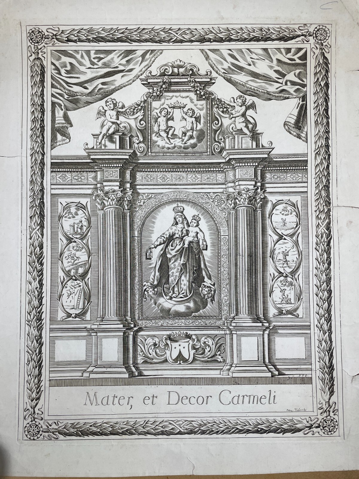 Antica Stampa Devozionale Della Madonna Del Carmelo, Incisione Di Pietro Tedeschi