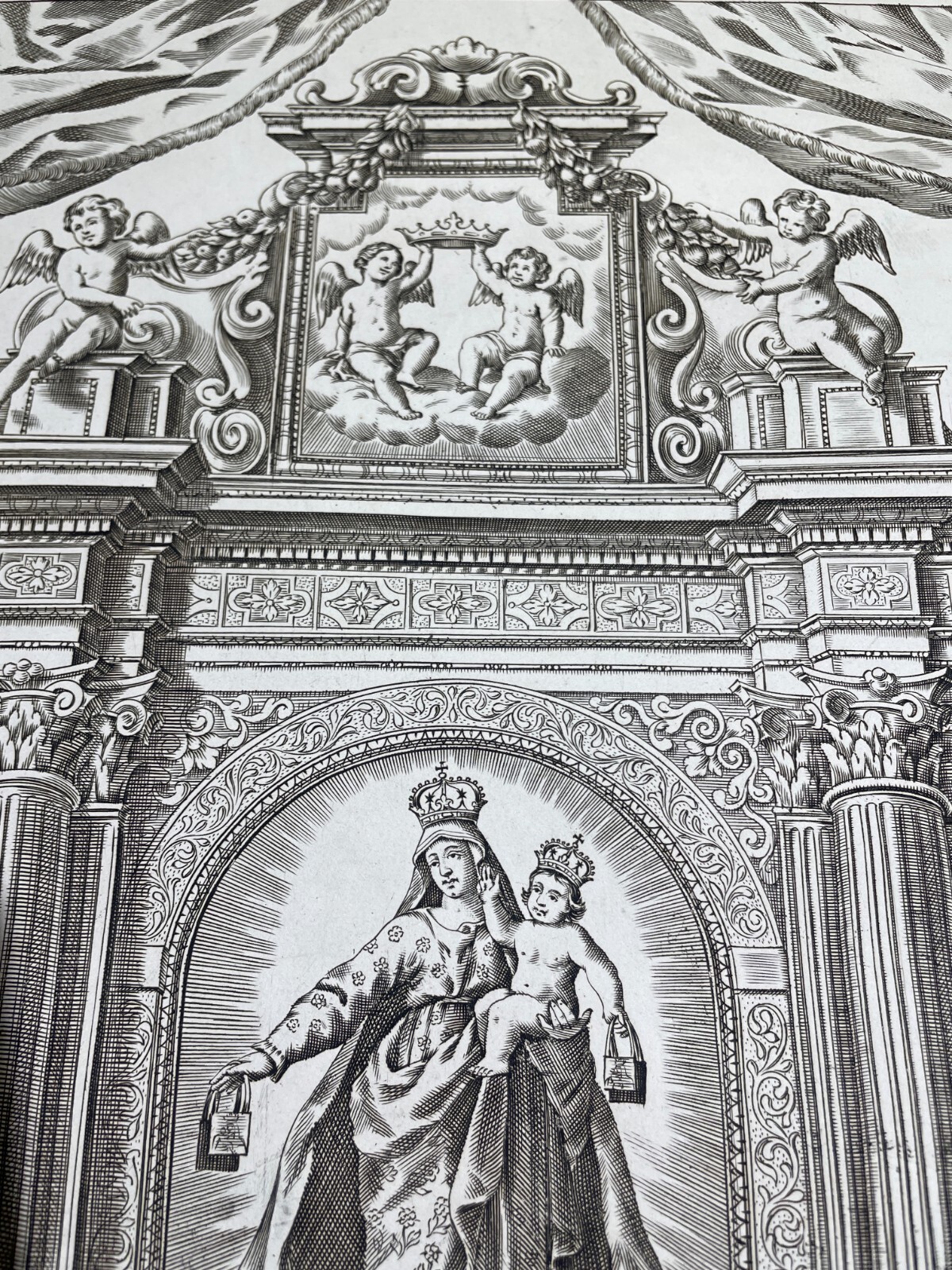 Antica Stampa Devozionale Della Madonna Del Carmelo, Incisione Di Pietro Tedeschi