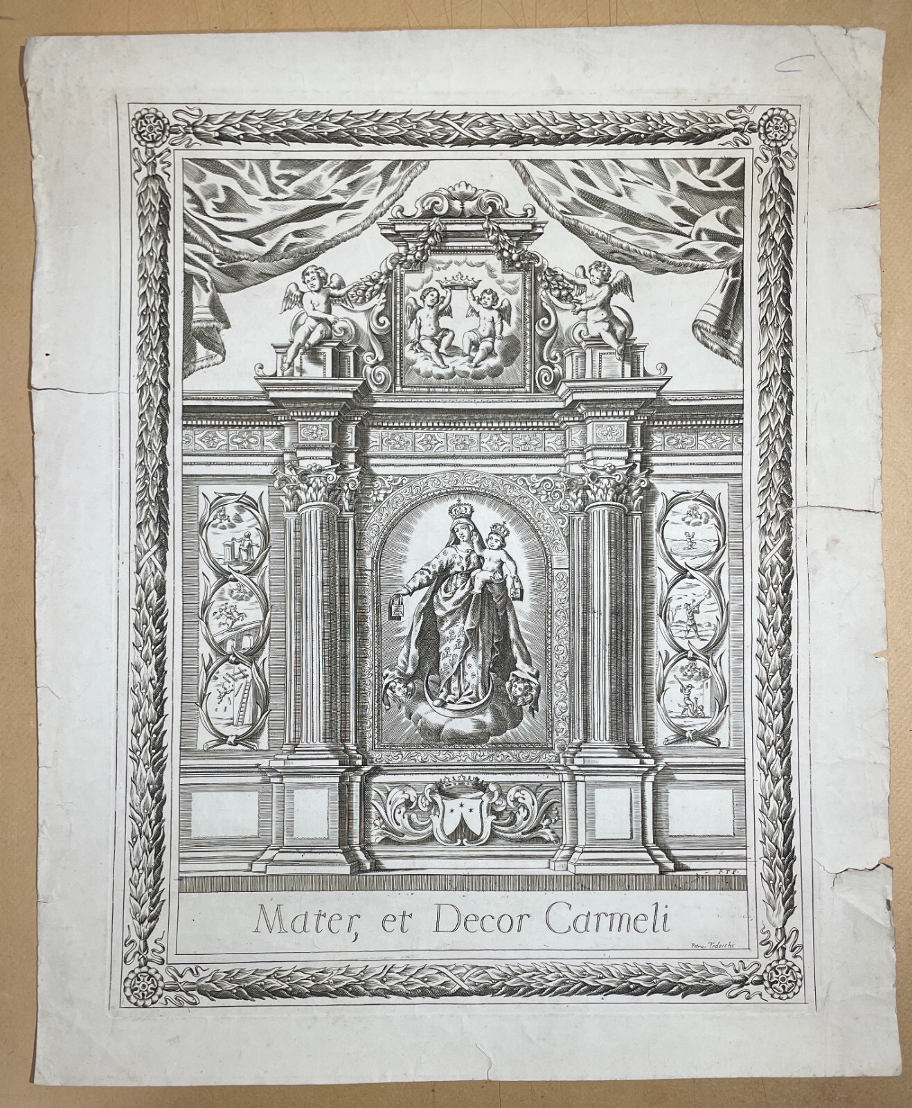 Antica Stampa Devozionale Della Madonna Del Carmelo, Incisione Di Pietro Tedeschi