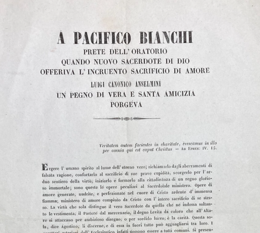 Foglio Volante Antico: Pacifico Bianchi E Luigi Anselmini, Tipografia Morici, Marche, XIX Secolo