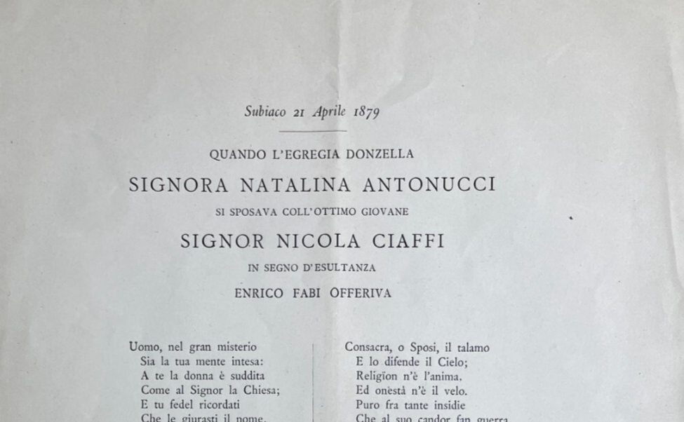 Antica Edizione Per Nozze A Subiaco Tra Gli Sposi Antonucci E Ciaffi, Con Versi Di Enrico Fabi, 1879
