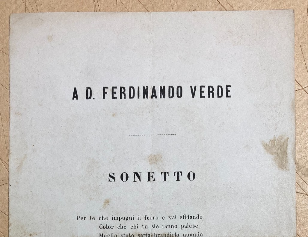 Antico Foglio Volante Ferdinando Verde Unità d'Italia Risorgimento Sonetto