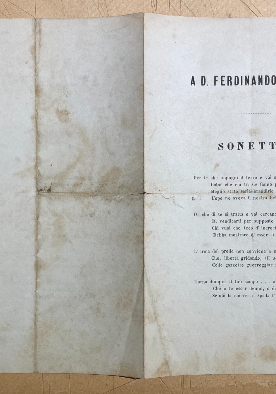 Antico Foglio Volante Ferdinando Verde Unità d'Italia Risorgimento Sonetto