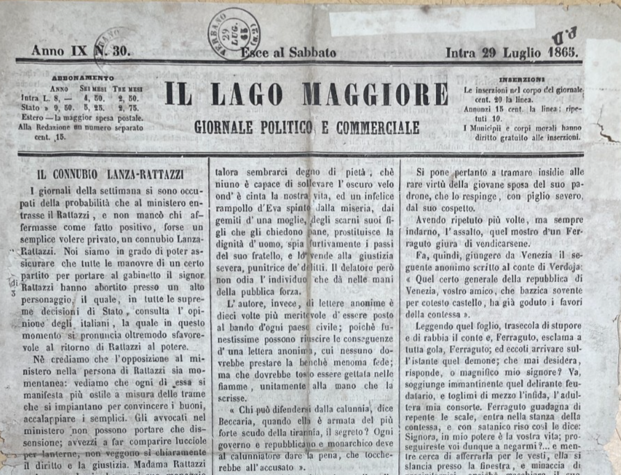 Lago Maggiore, Intra: Antico Periodico, Magnesite, Craveggia, Storia Locale, 1865