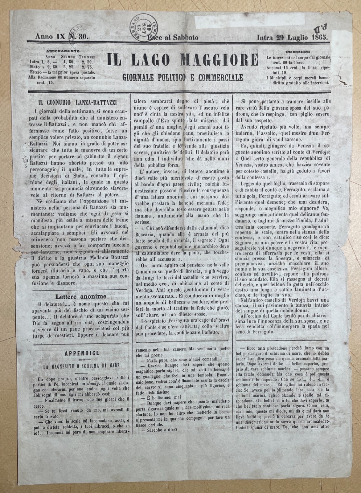 Lago Maggiore, Intra: Antico Periodico, Magnesite, Craveggia, Storia Locale, 1865