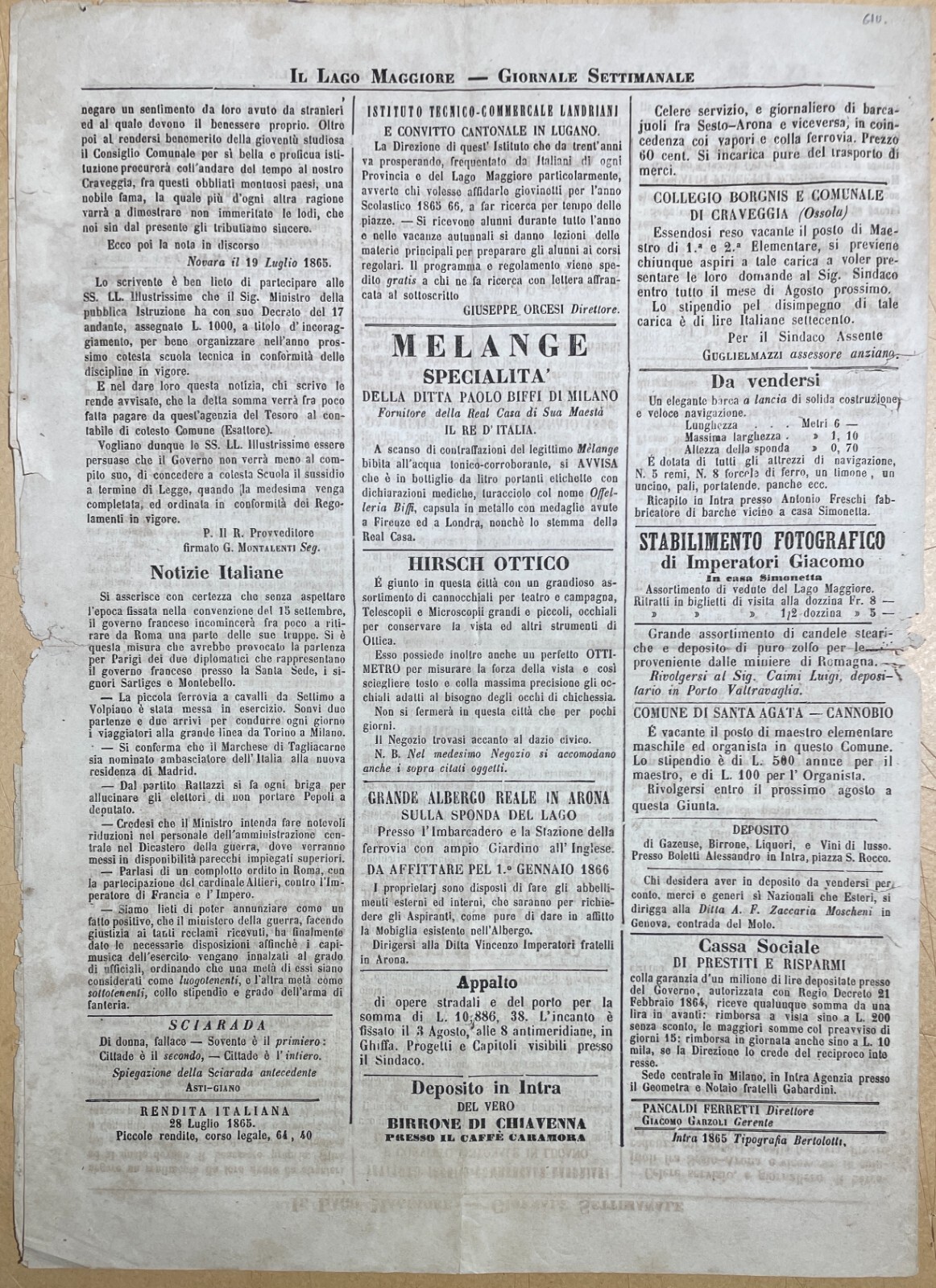 Lago Maggiore, Intra: Antico Periodico, Magnesite, Craveggia, Storia Locale, 1865