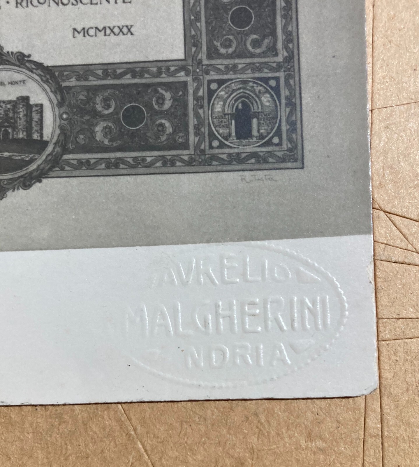 Puglia, Andria. Antica Foto Di Aurelio Malgherini: Diploma Per Il Vescovo Alessandro Macchi Con Castel Del Monte, 1930