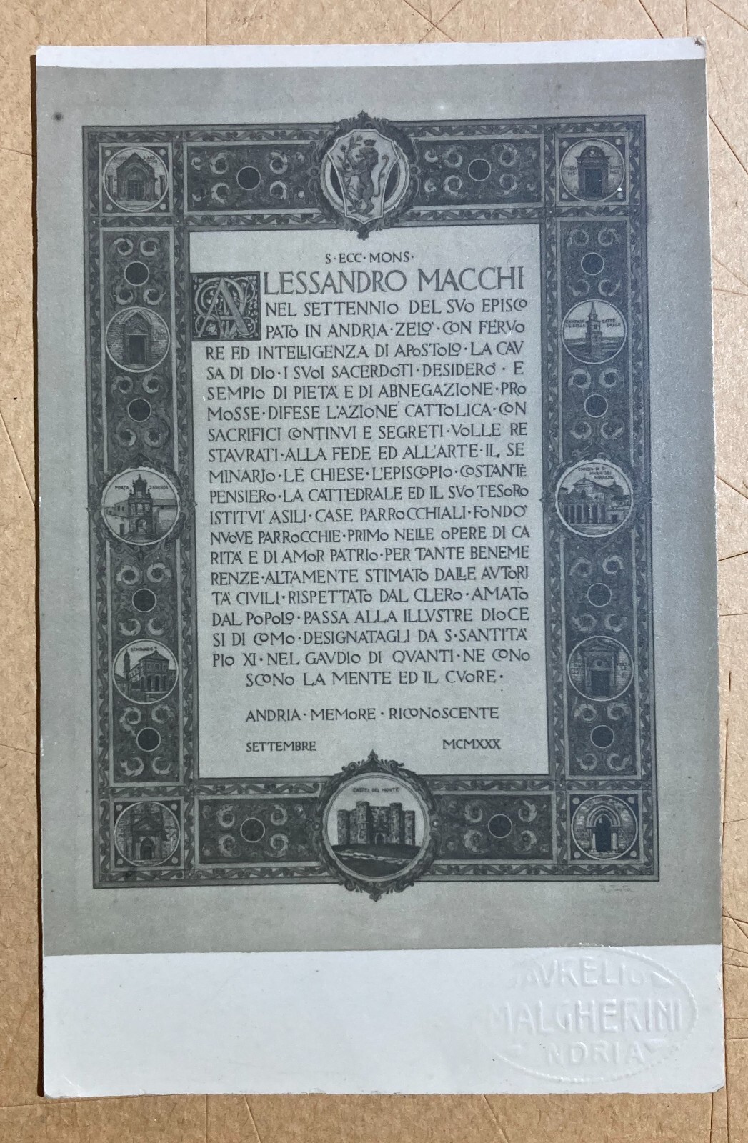 Puglia, Andria. Antica Foto Di Aurelio Malgherini: Diploma Per Il Vescovo Alessandro Macchi Con Castel Del Monte, 1930