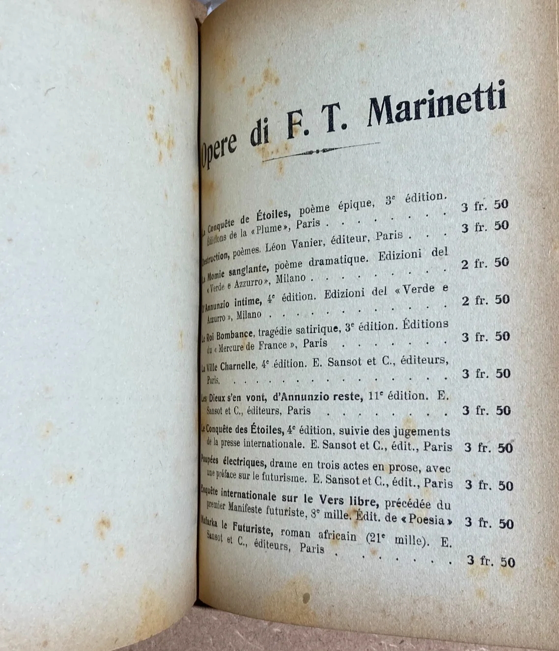 Settimelli - Marinetti: The Man and the Artist. Futurist Poetry Editions, 1921