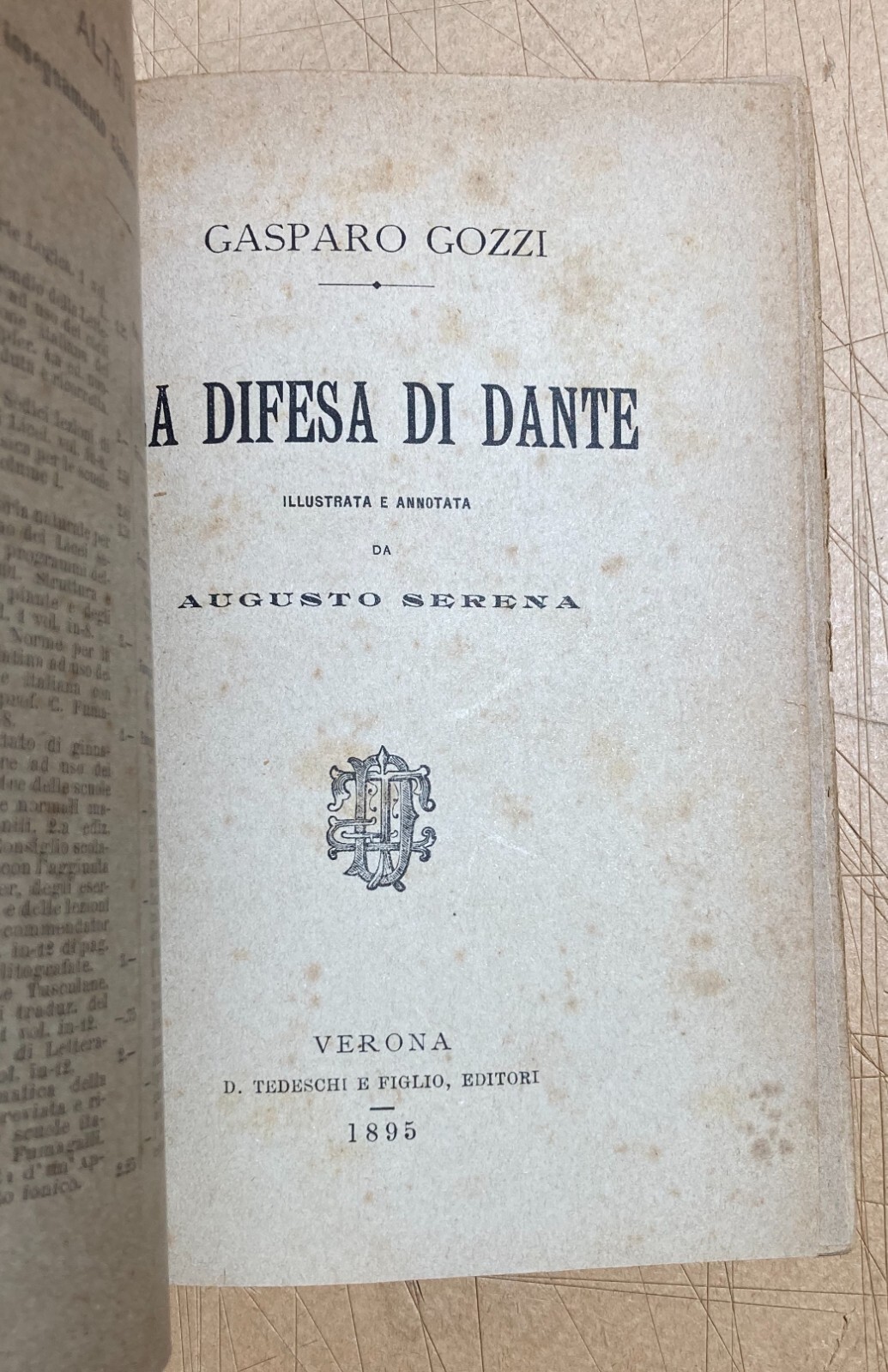 Gasparo Gozzi, La Difesa Di Dante   Edizione Augusto Serena (1895)