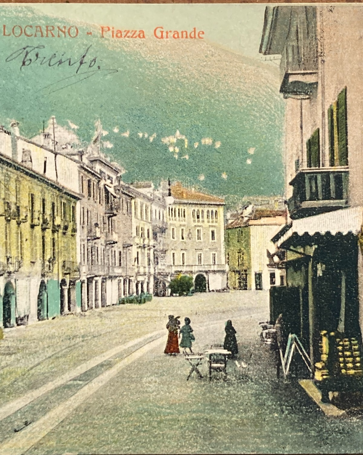Locarno. Piazza Grande Animata Con Negozi, Antica Cartolina Illustrata A Colori