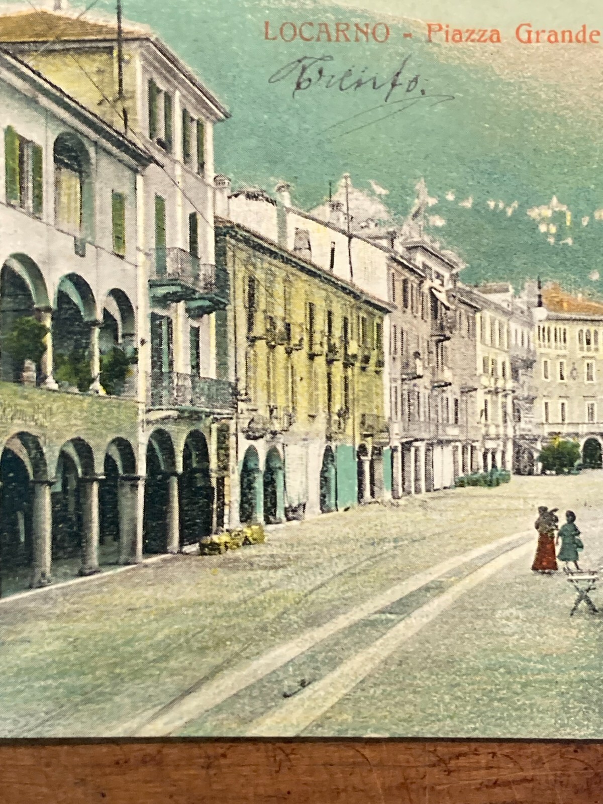 Locarno. Piazza Grande Animata Con Negozi, Antica Cartolina Illustrata A Colori