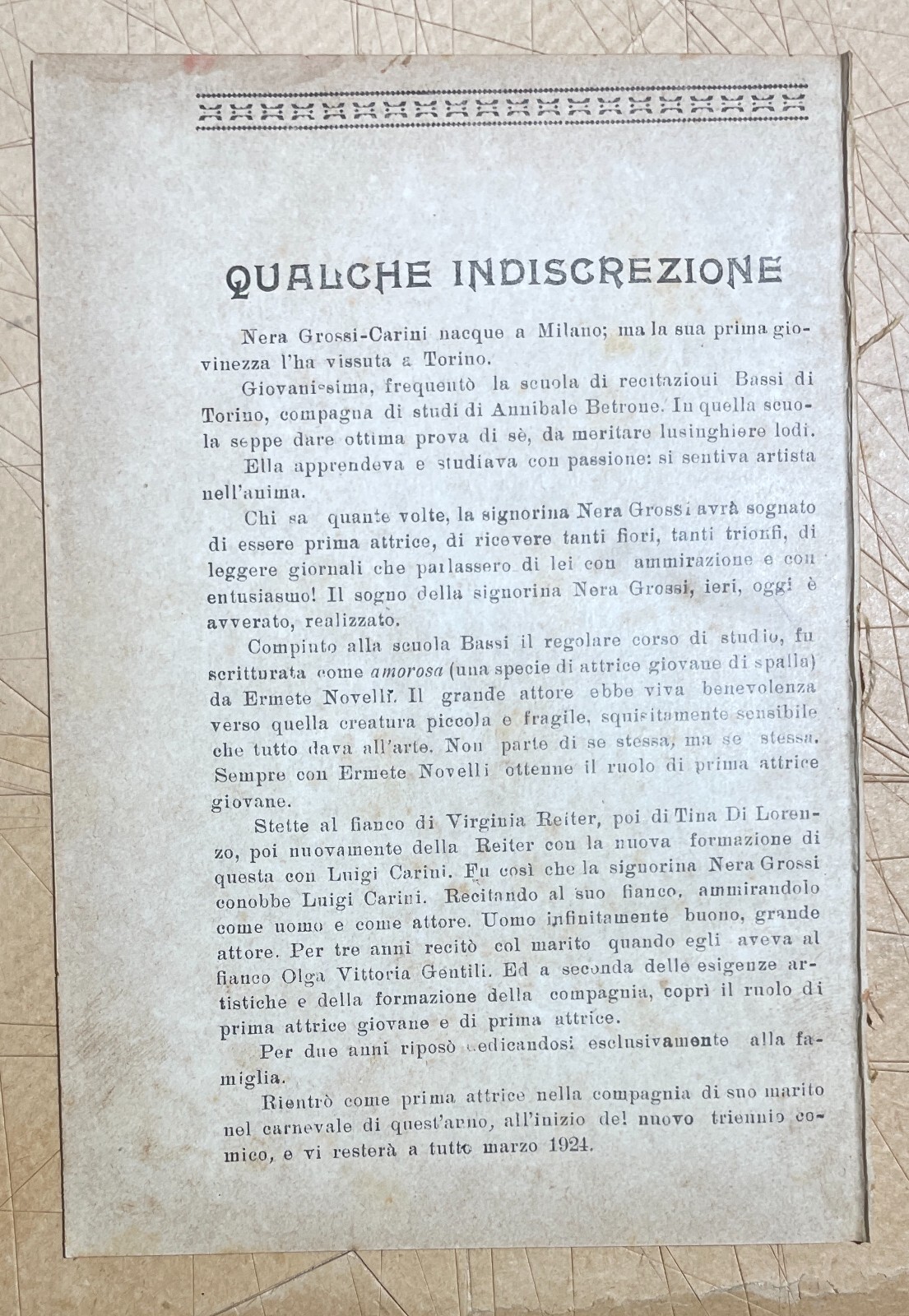 Teatro: L'Attrice Nera Grossi Carini. Antica Edizione Siciliana, Basile, 1922